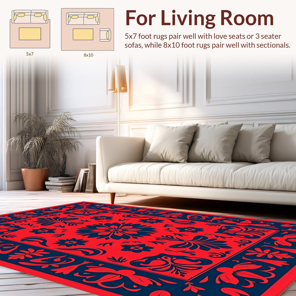 Bold Red Navy Floral Folk Rug