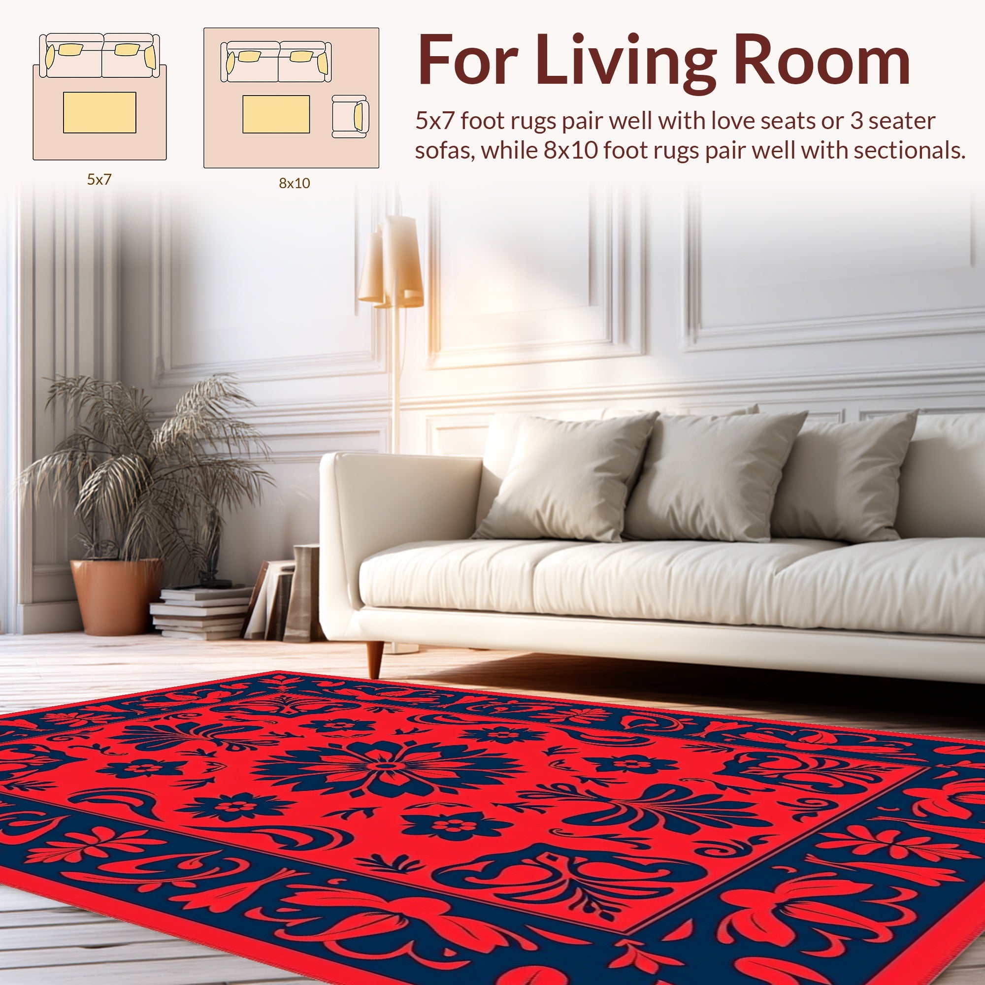 Bold Red Navy Floral Folk Rug