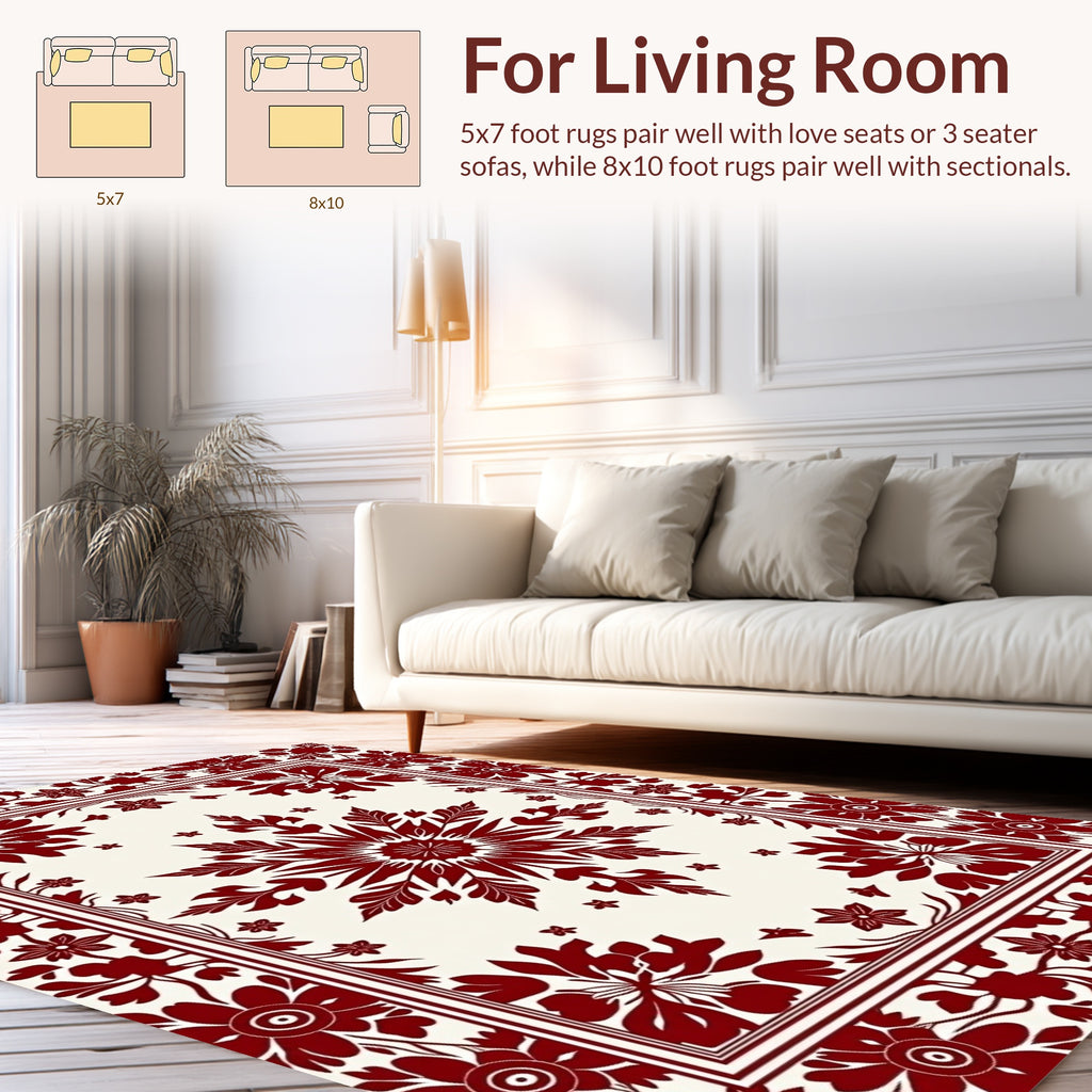 Deep Red Floral Border Medallion Design Rug