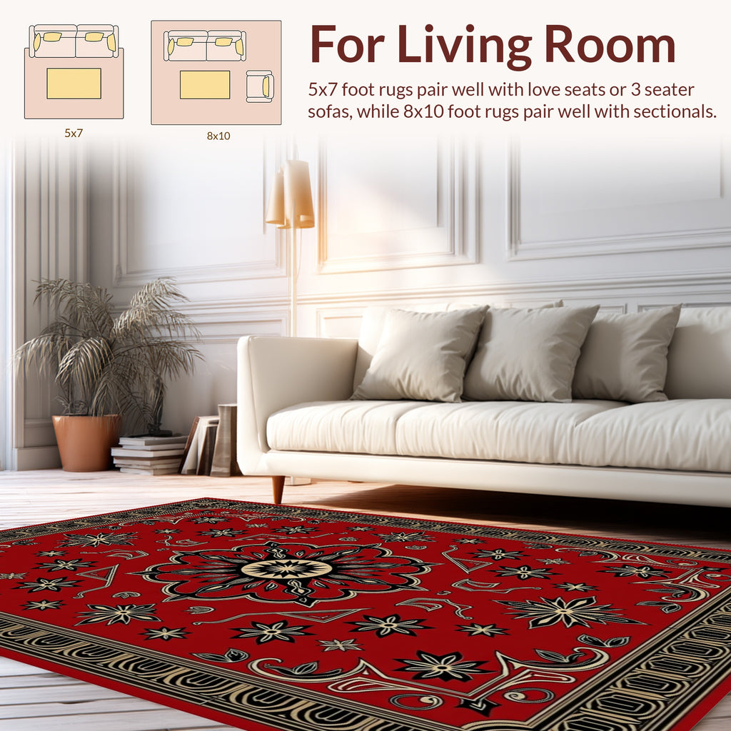 Rich Red Sunburst Floral Pattern Rug