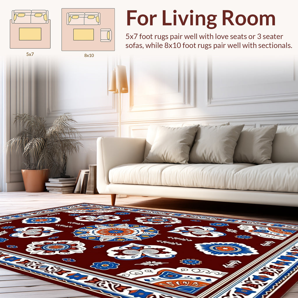 Ornate Red Blue Floral Mandala Rug
