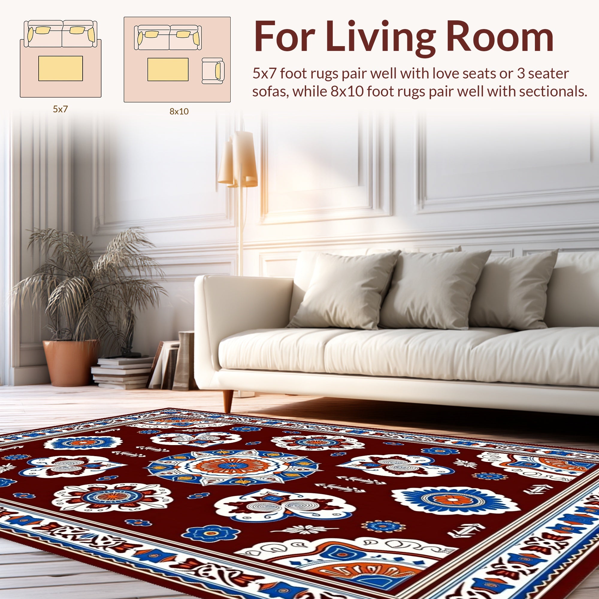 Ornate Red Blue Floral Mandala Rug