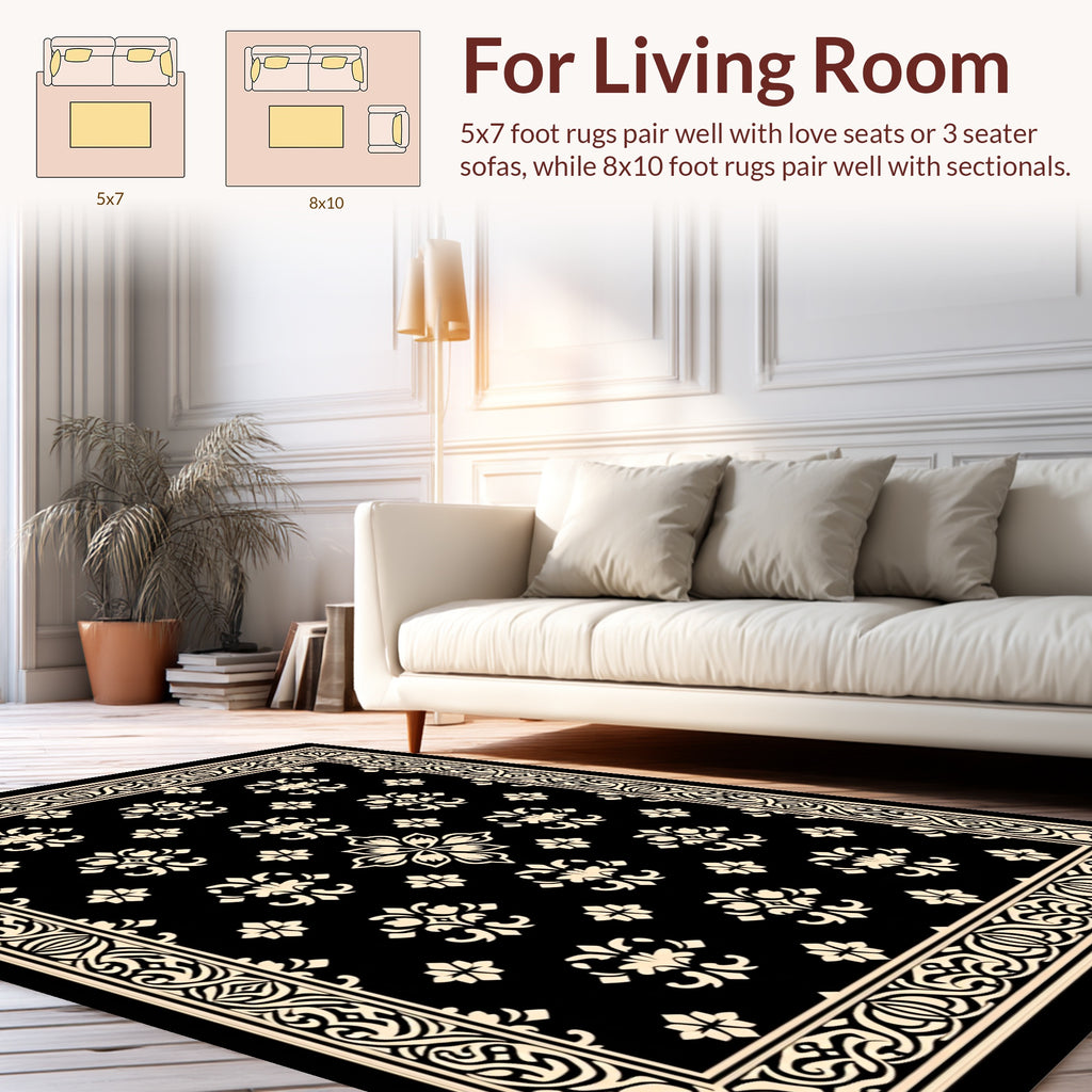 Black and Cream Floral Medallion Border Rug