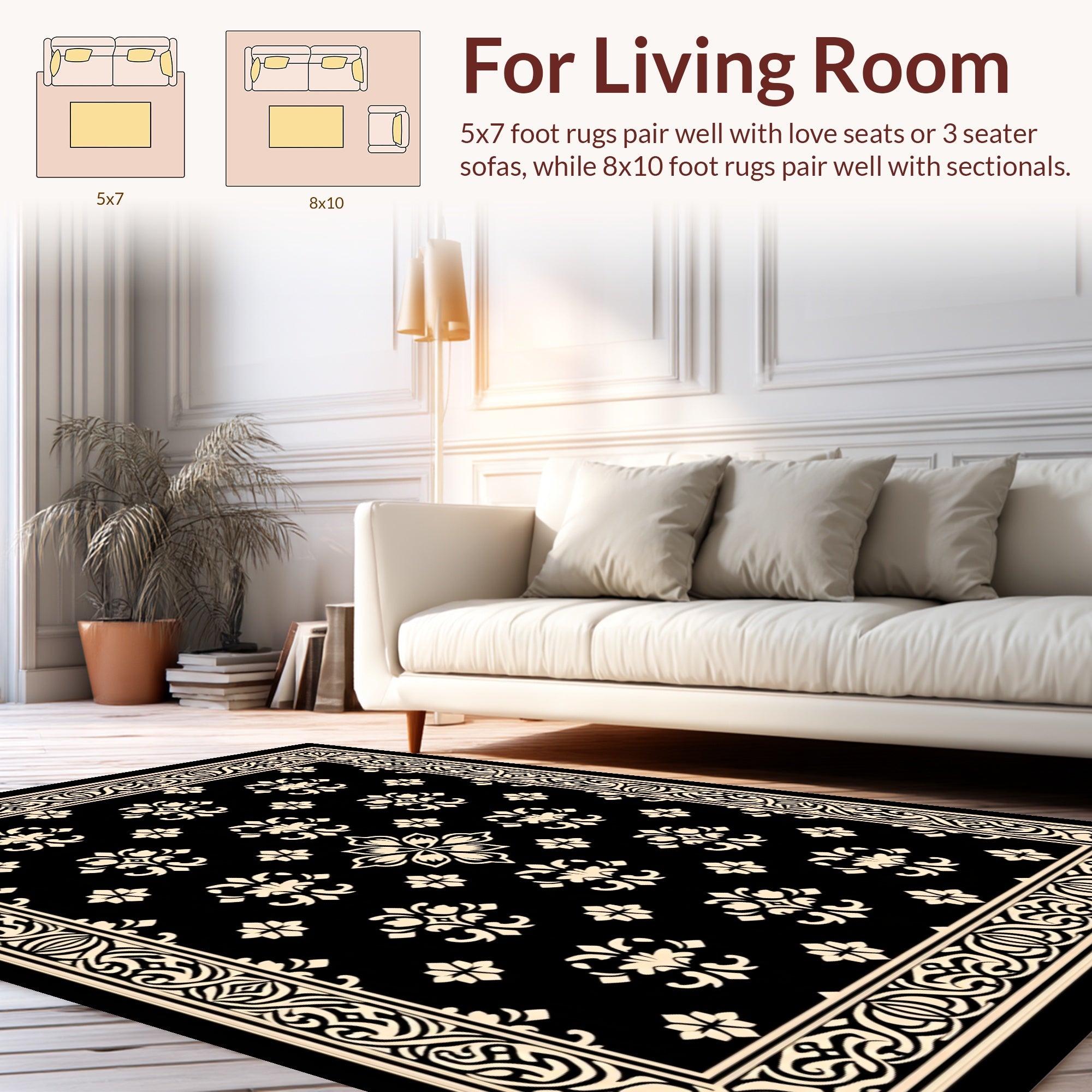 Black and Cream Floral Medallion Border Rug