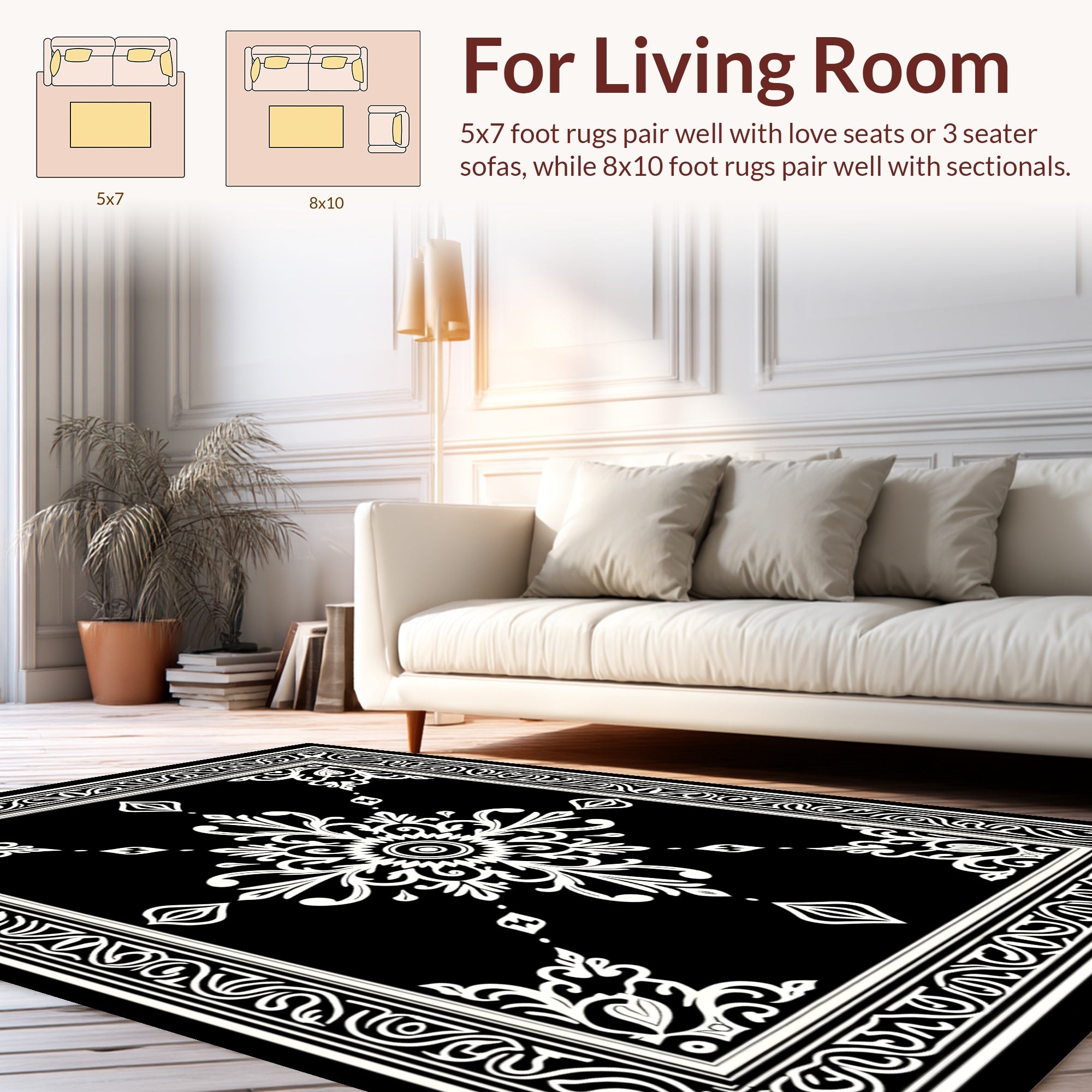 Black White Ornamental Floral Medallion Rug