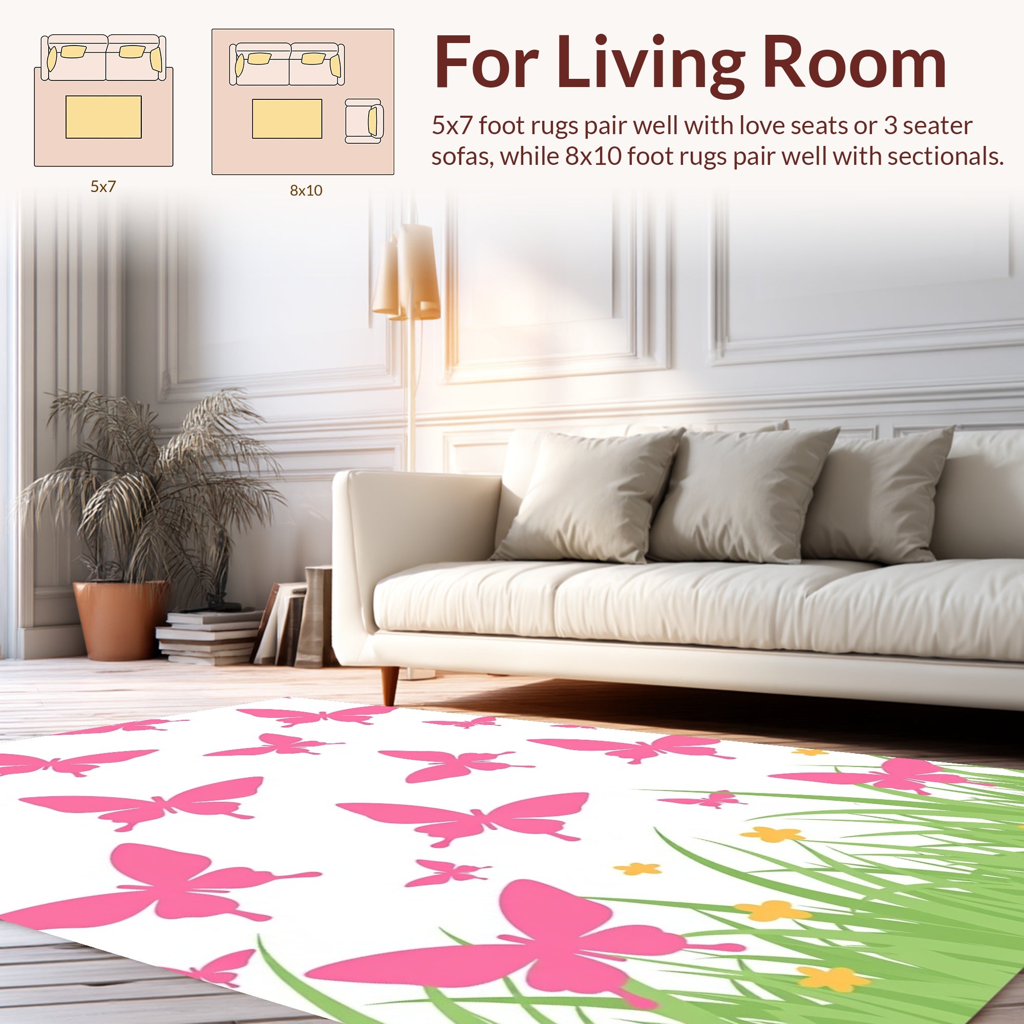 Pink Butterflies In Green Grass Design Rug