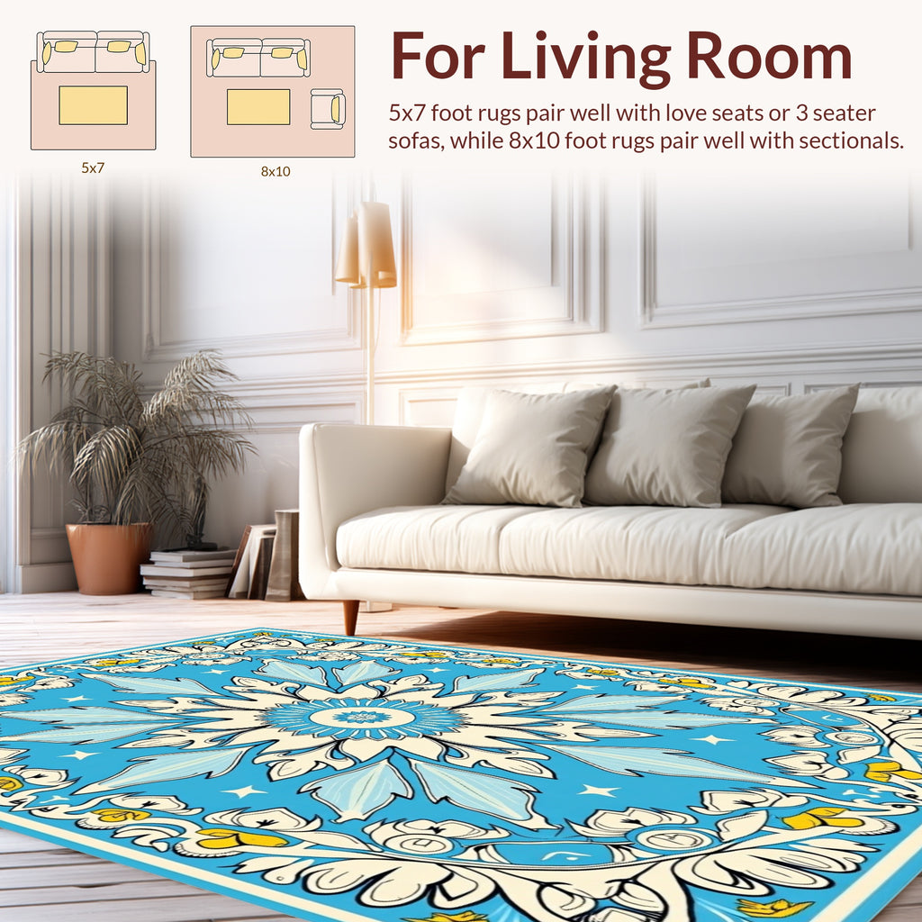 Blue Floral Swirl Medallion Pattern Rug