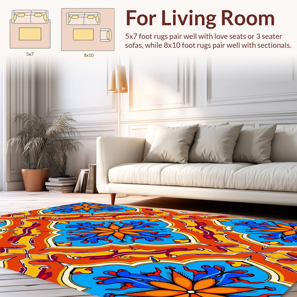 Vibrant Blue Orange Floral Pattern Rug