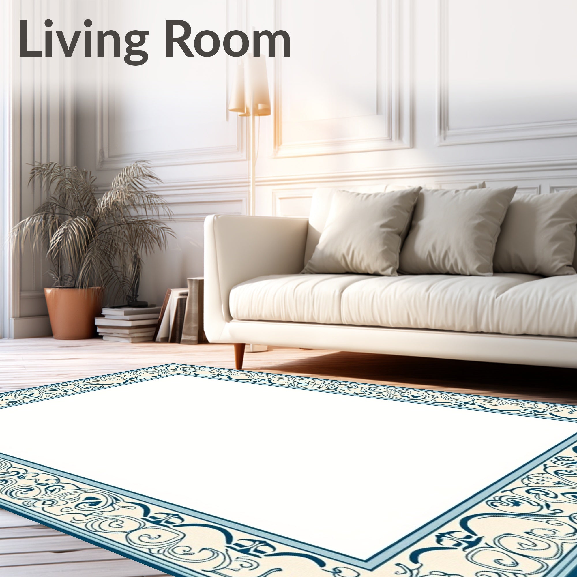 Intricate Teal Floral Scroll Border Rug