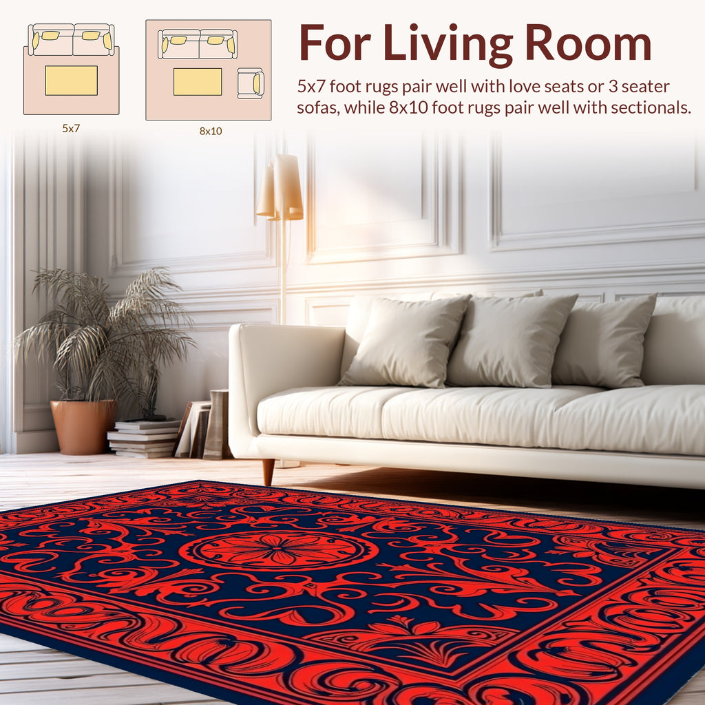 Classic Red Navy Floral Ornamental Rug
