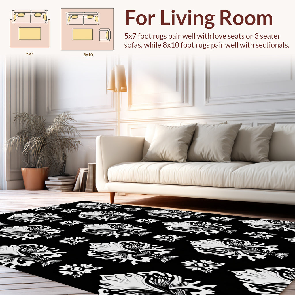 Ornate Black White Floral Pattern Rug