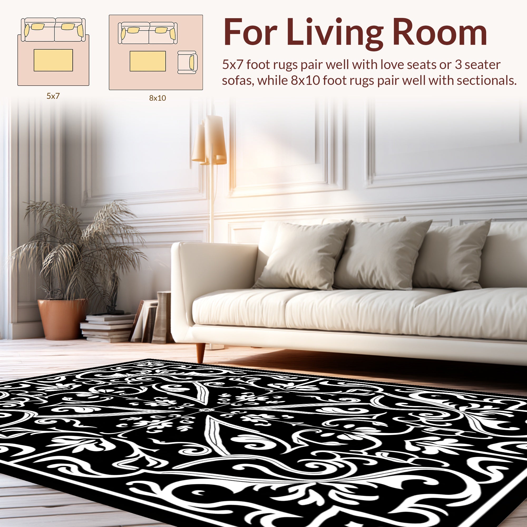 Classic Black White Flourish Pattern Rug