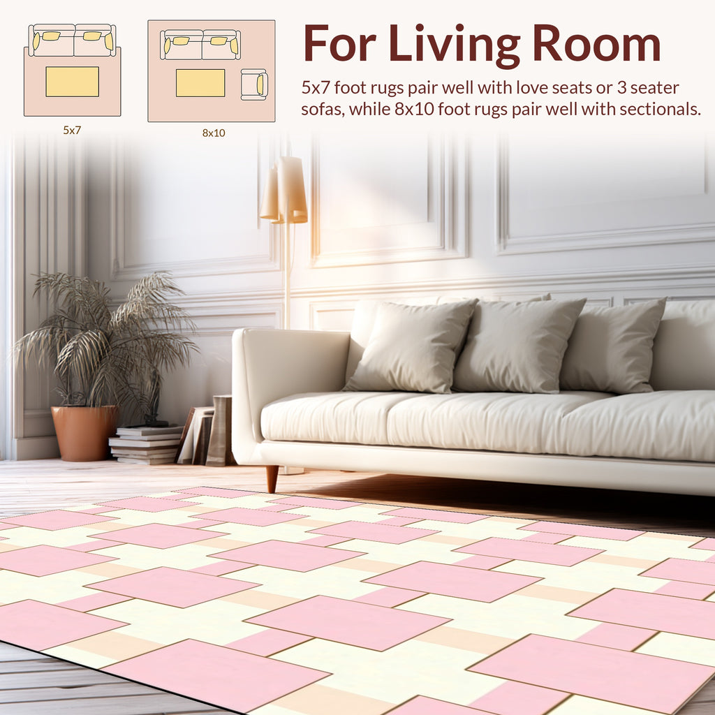 Soft Pink Cream Interlocking Squares Design Rug
