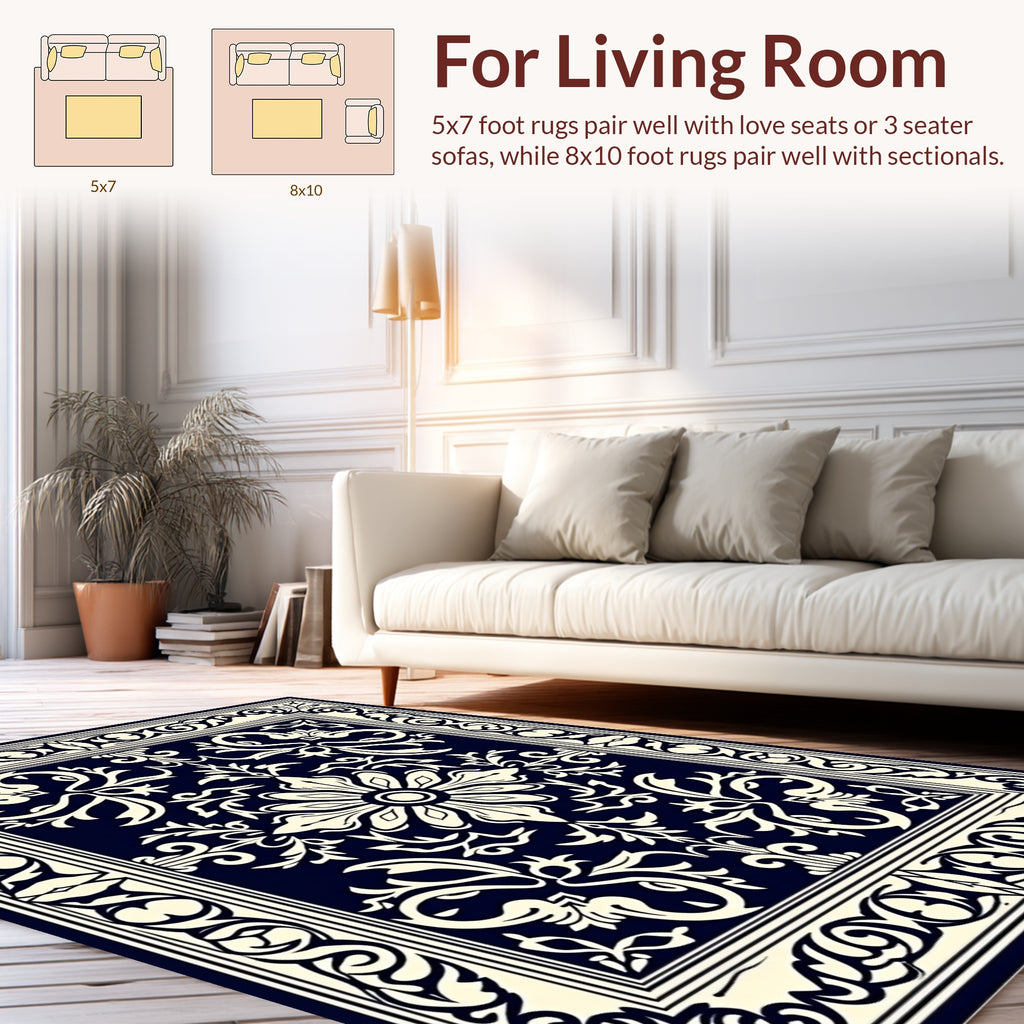 Classic Floral Scroll Navy Cream Rug