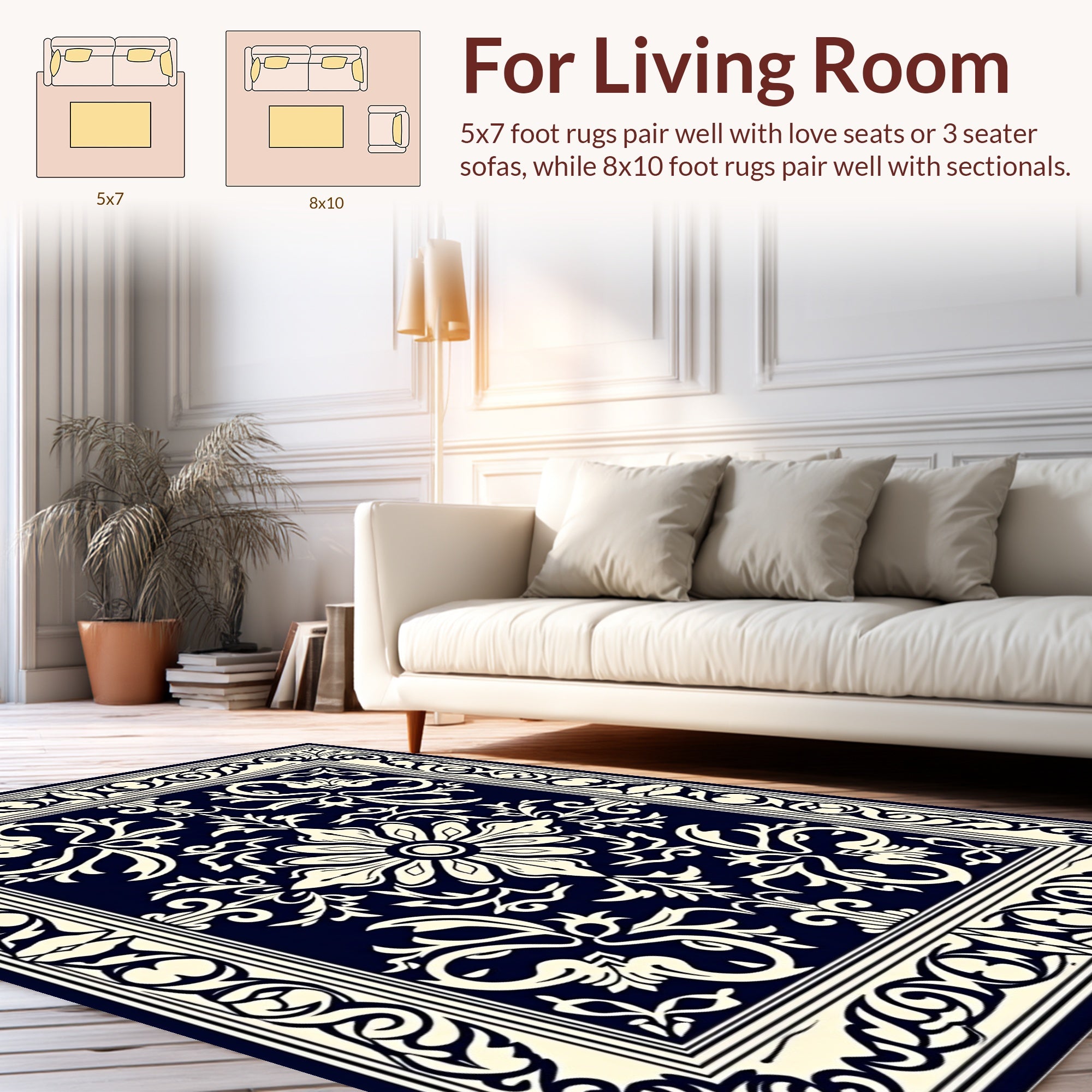 Classic Floral Scroll Navy Cream Rug