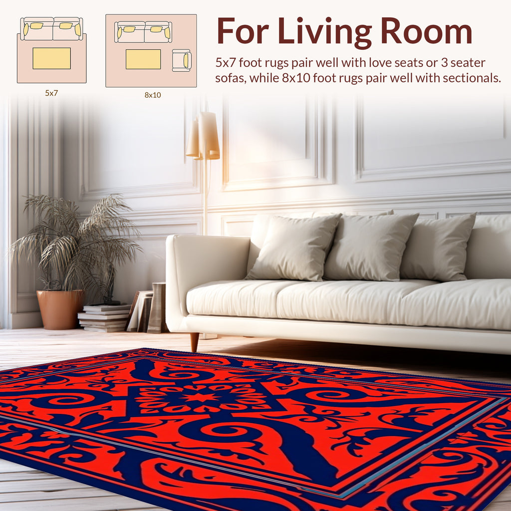 Ornate Red Blue Swirl Design Rug