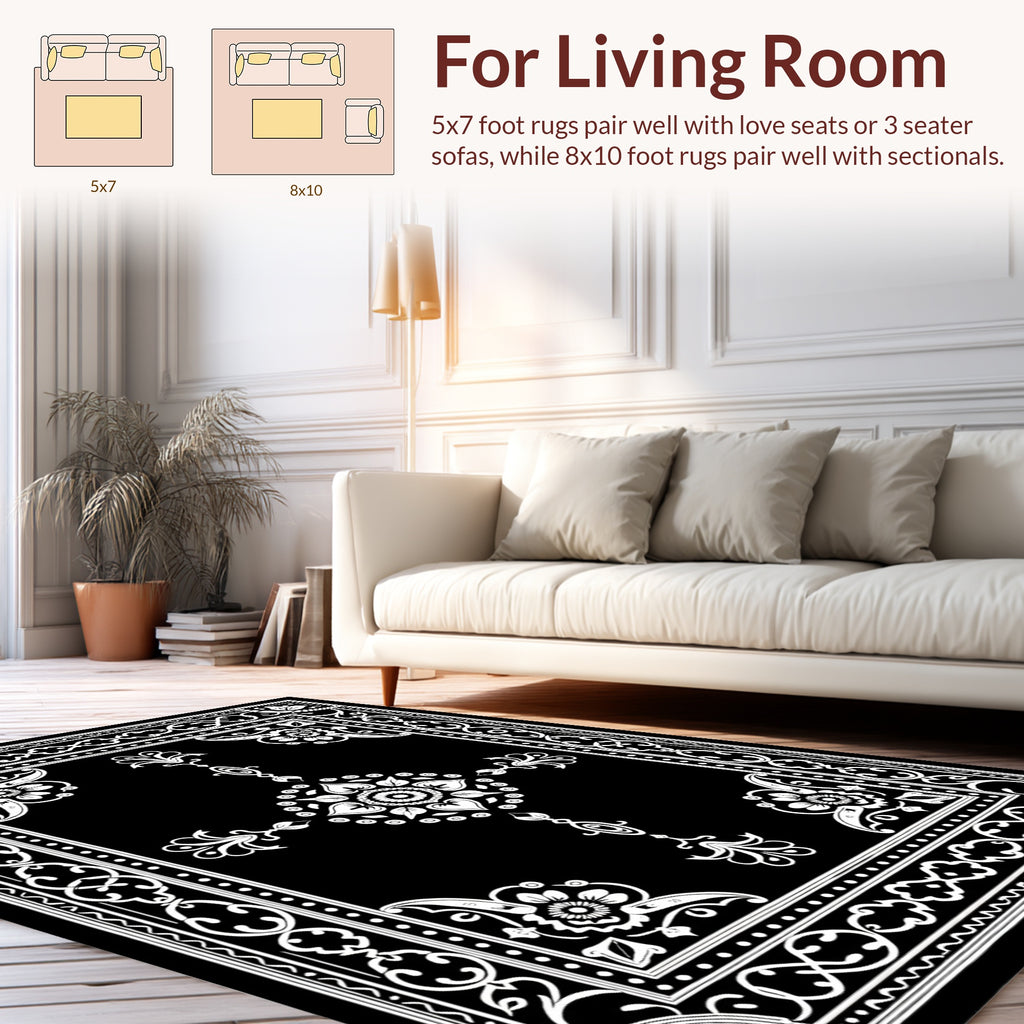 Classic Floral Medallion Black and White Rug