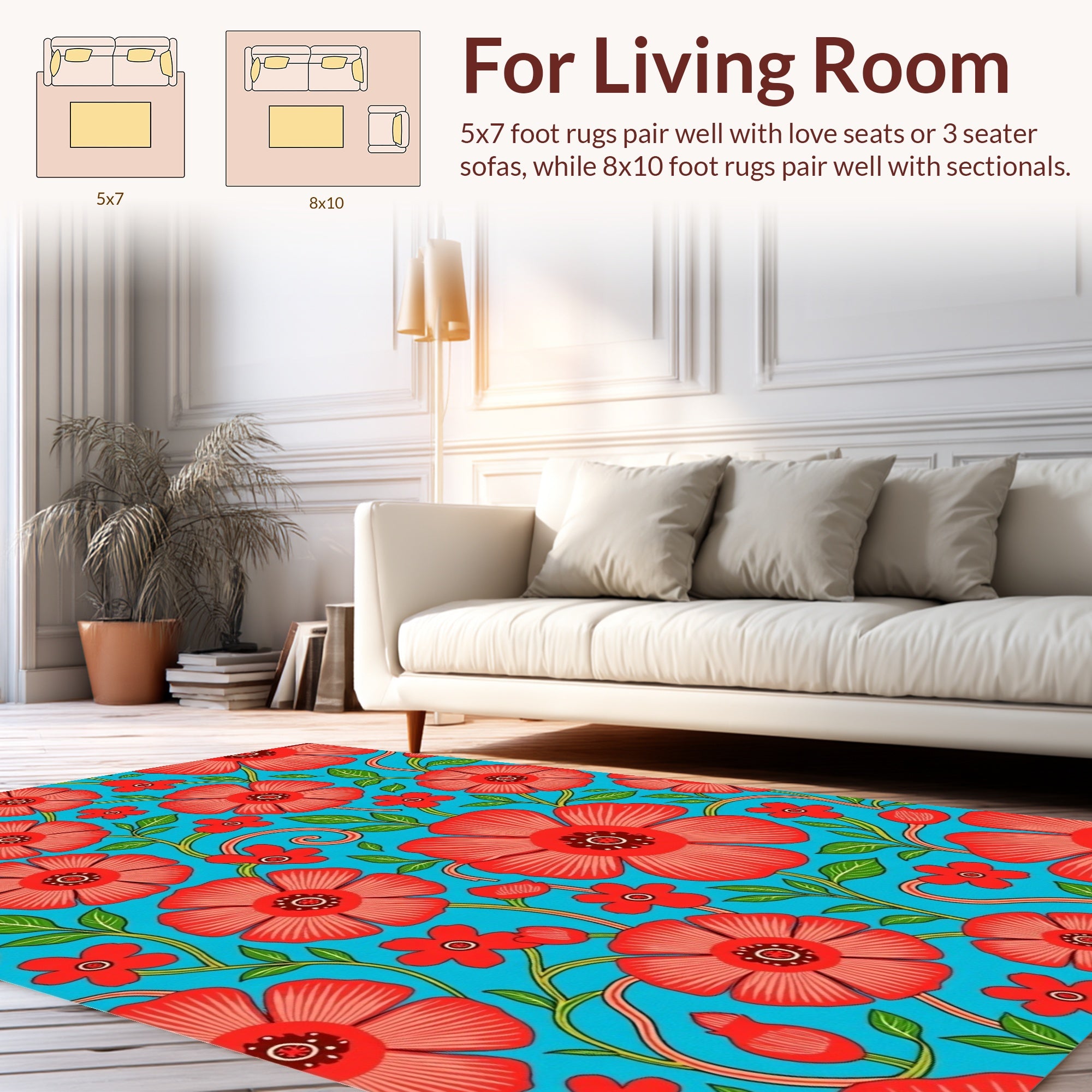 Bold Red Floral Vines on Aqua Rug