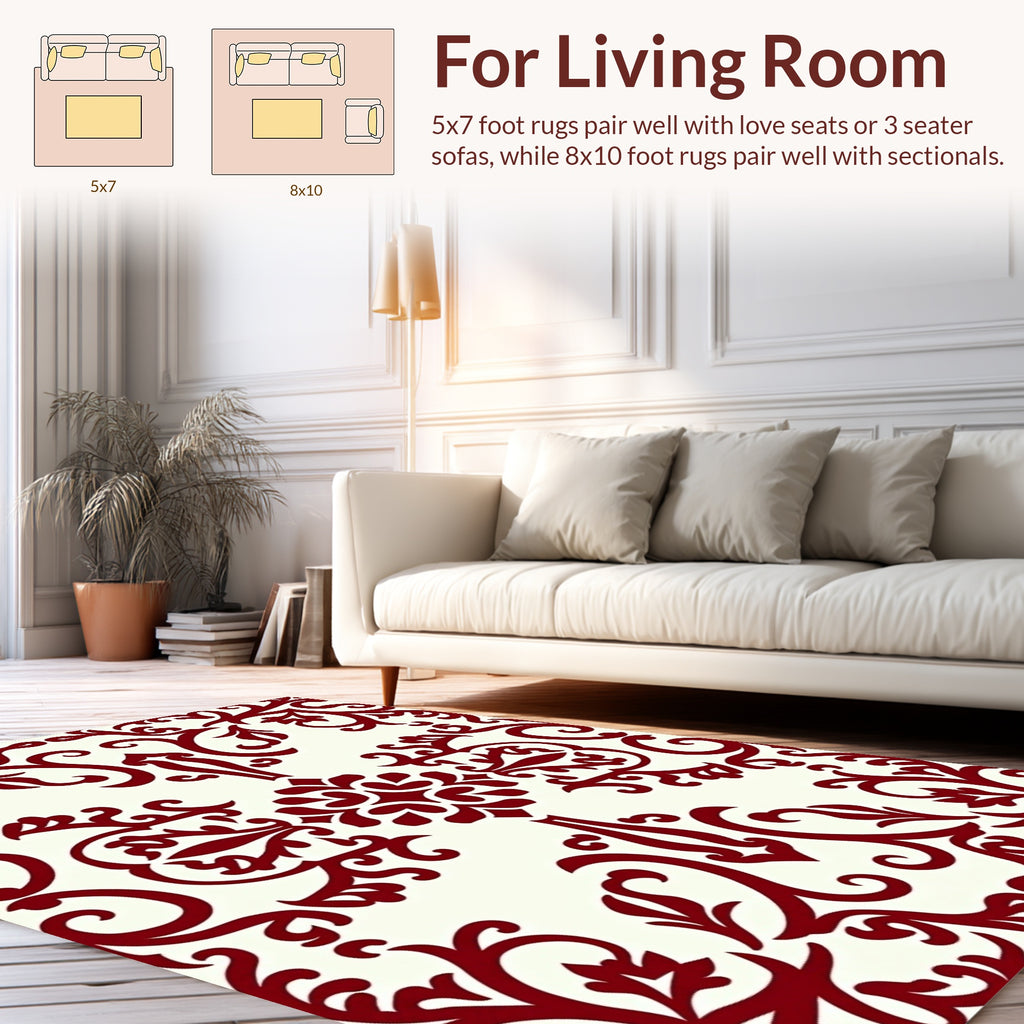 Rich Red Leaf Scroll Pattern Rug