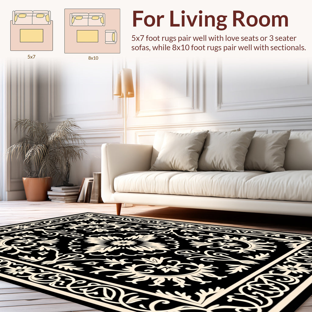 Intricate Floral Black Ivory Ornamental Rug