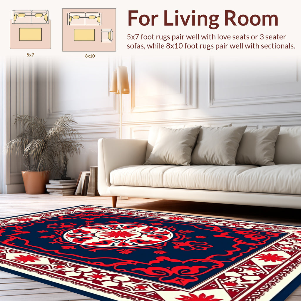 Classic Red Blue Floral Medallion Rug