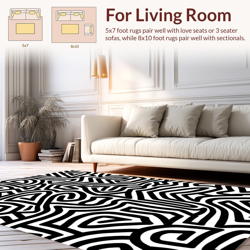 Bold Black White Abstract Maze Pattern Rug
