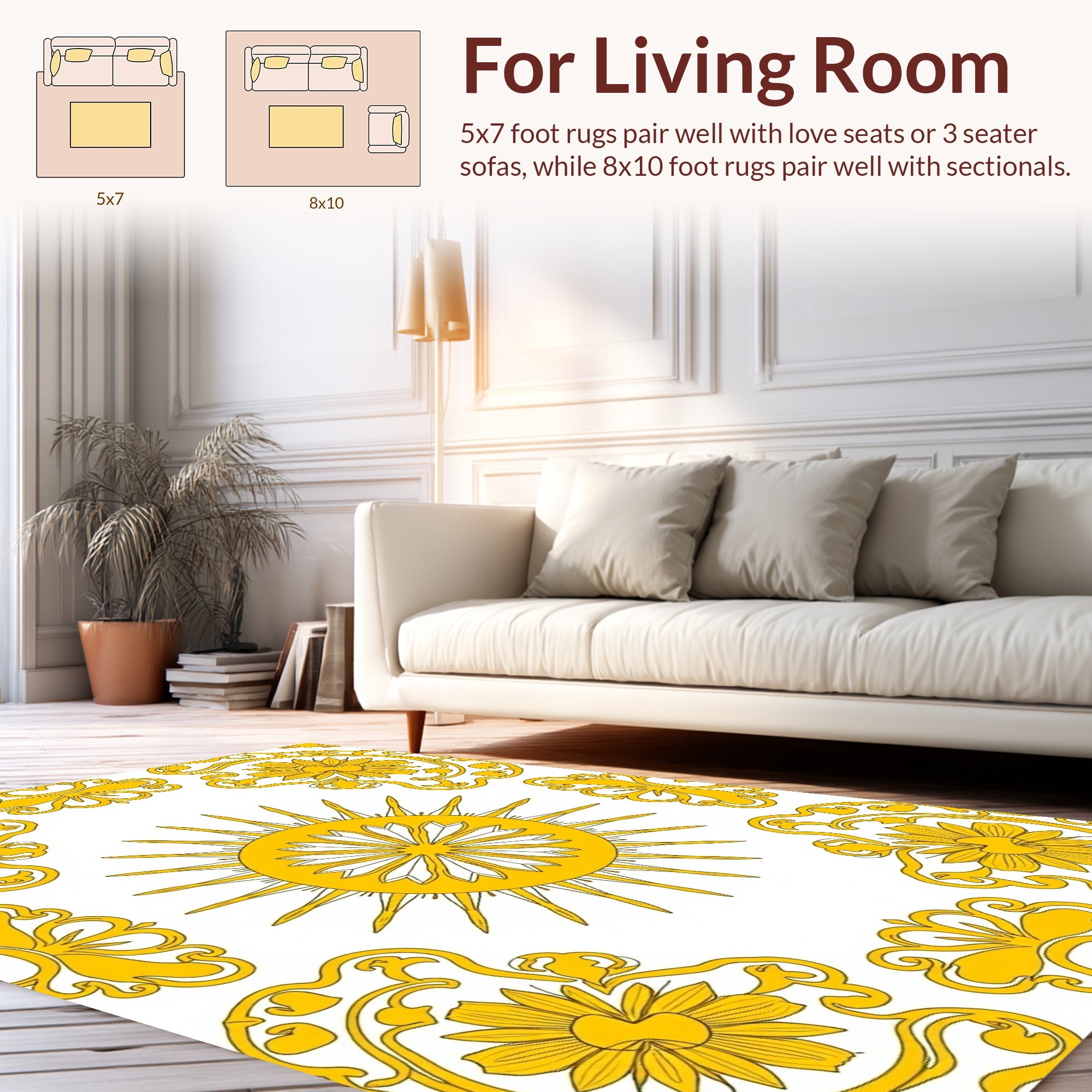 Ornate Yellow Sun Floral Pattern Rug