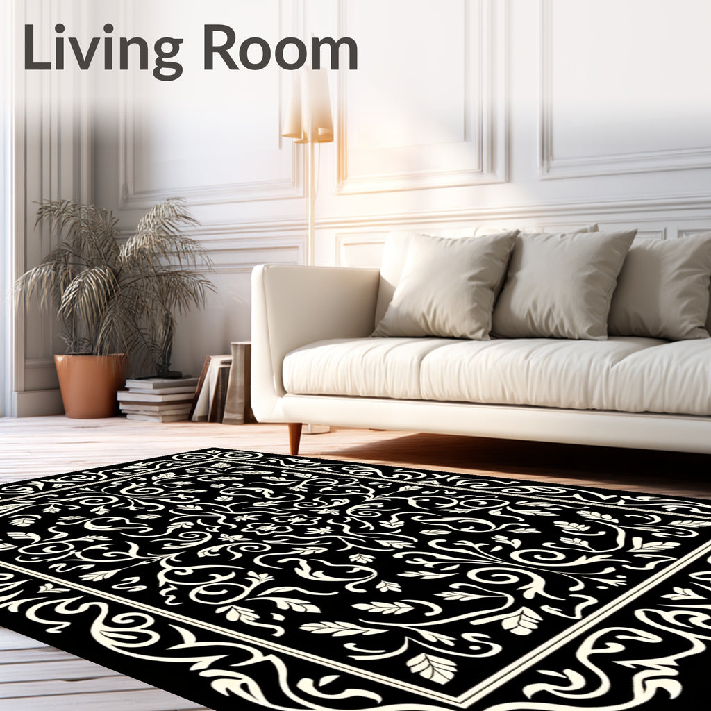 Classic Black White Leaf Pattern Rug