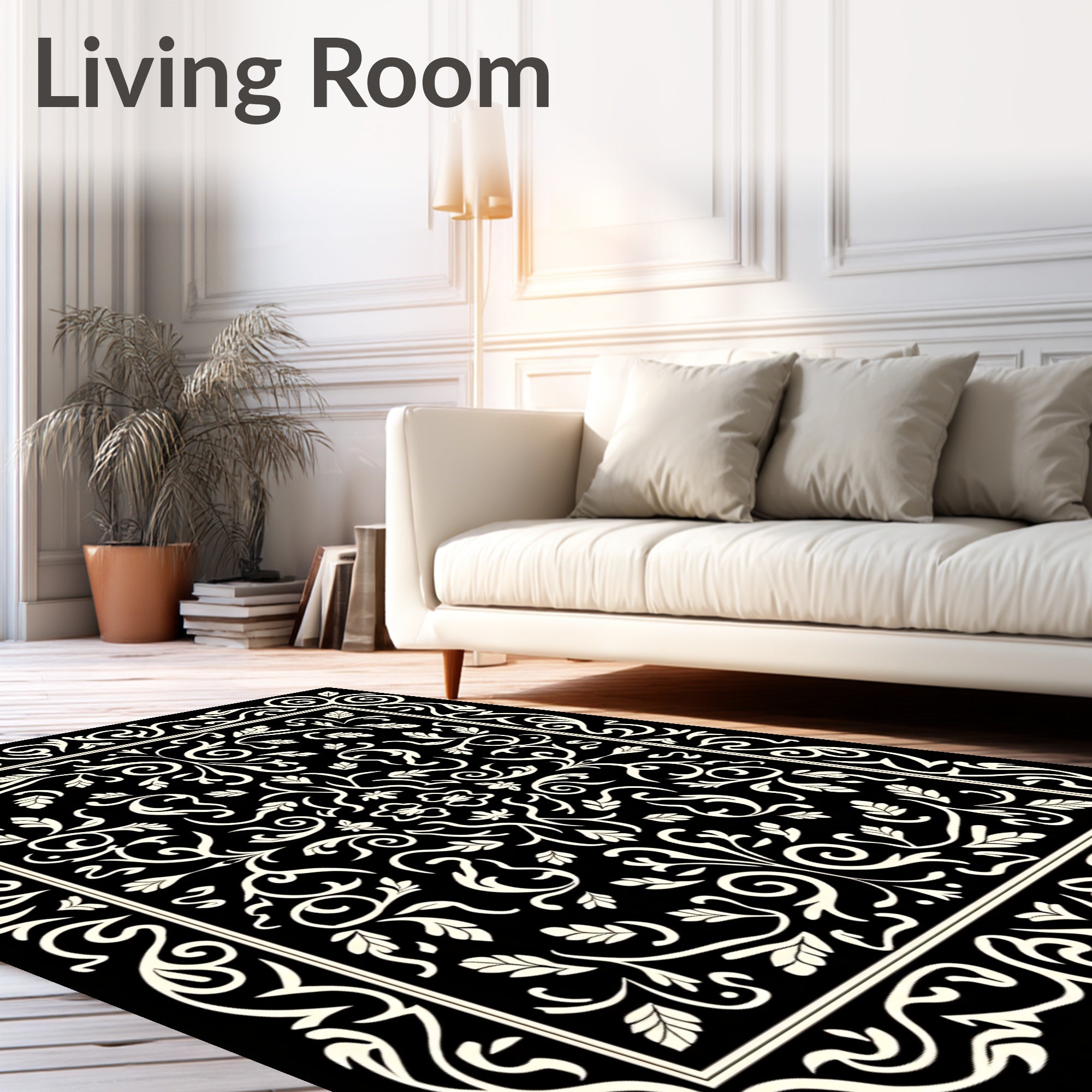 Classic Black White Leaf Pattern Rug