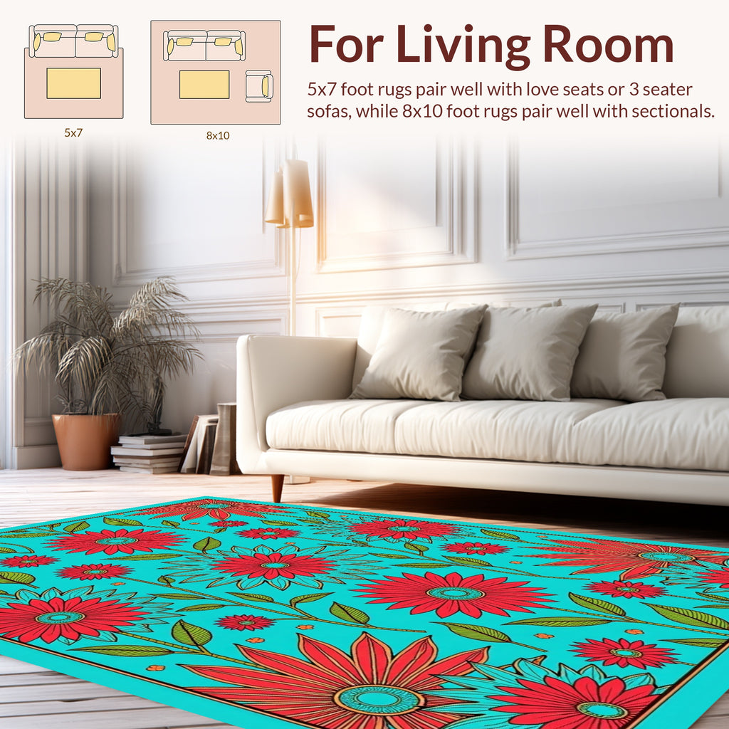 Vibrant Red Flower Patterned Teal Rug
