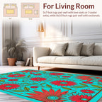 Vibrant Red Flower Patterned Teal Rug