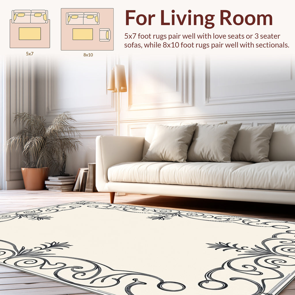 Ornate Black Scrollwork Elegant Border Rug