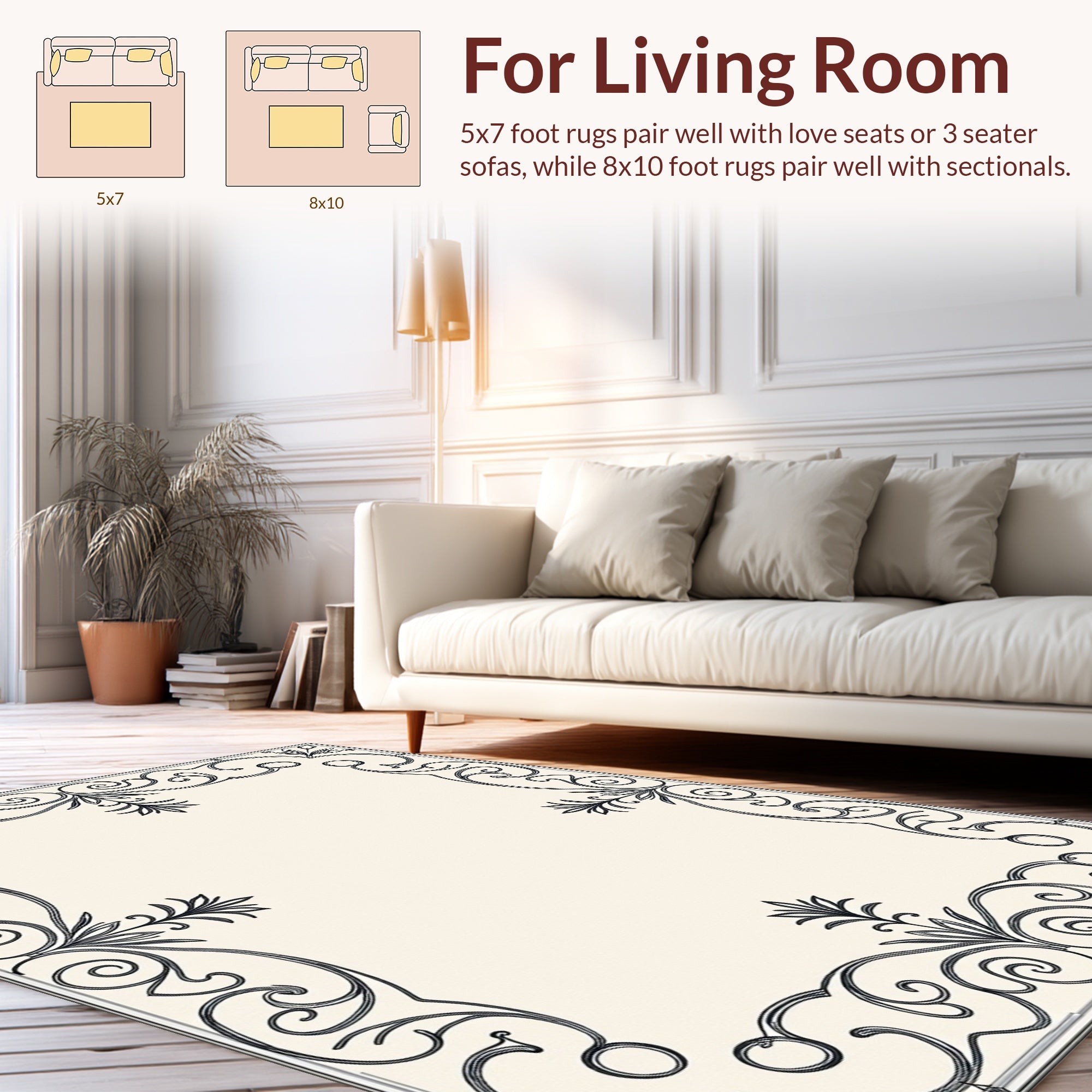 Ornate Black Scrollwork Elegant Border Rug