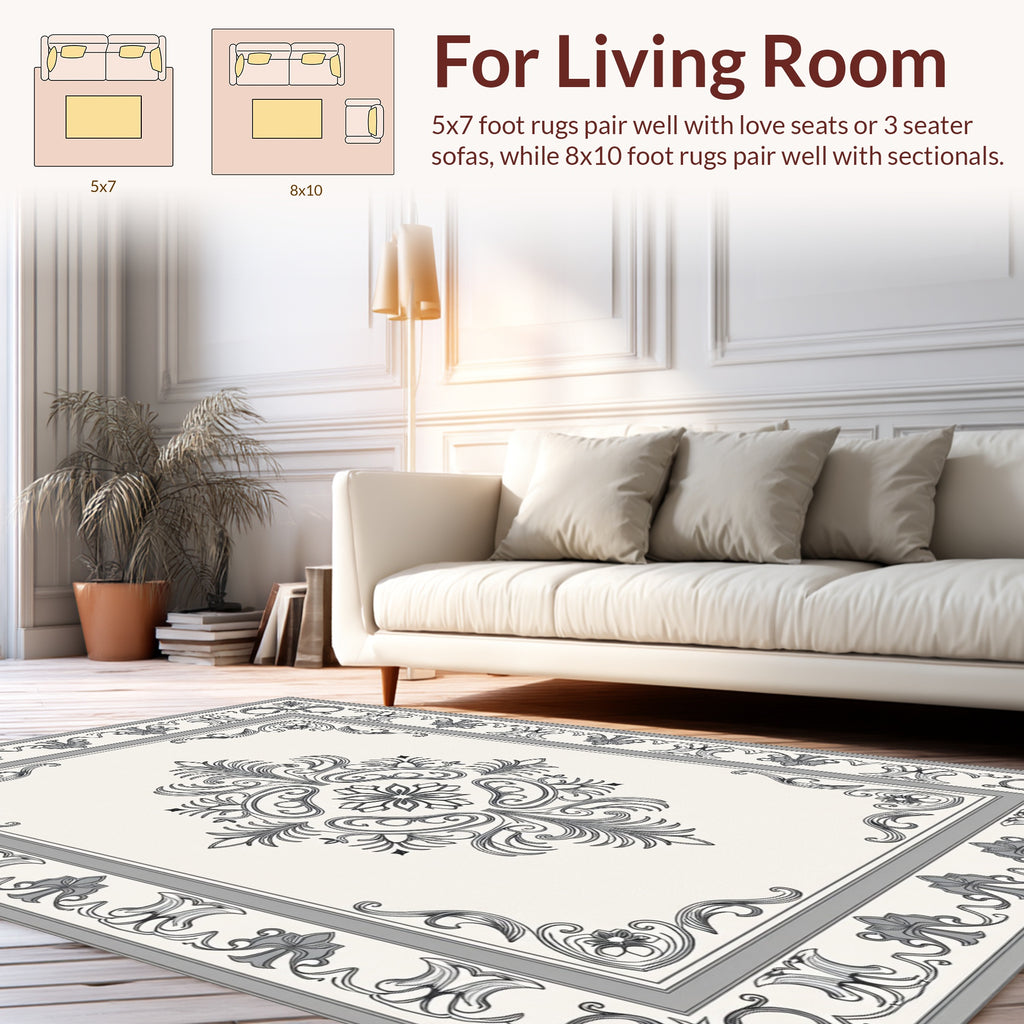 Ornate Floral Scrollwork Gray Rug