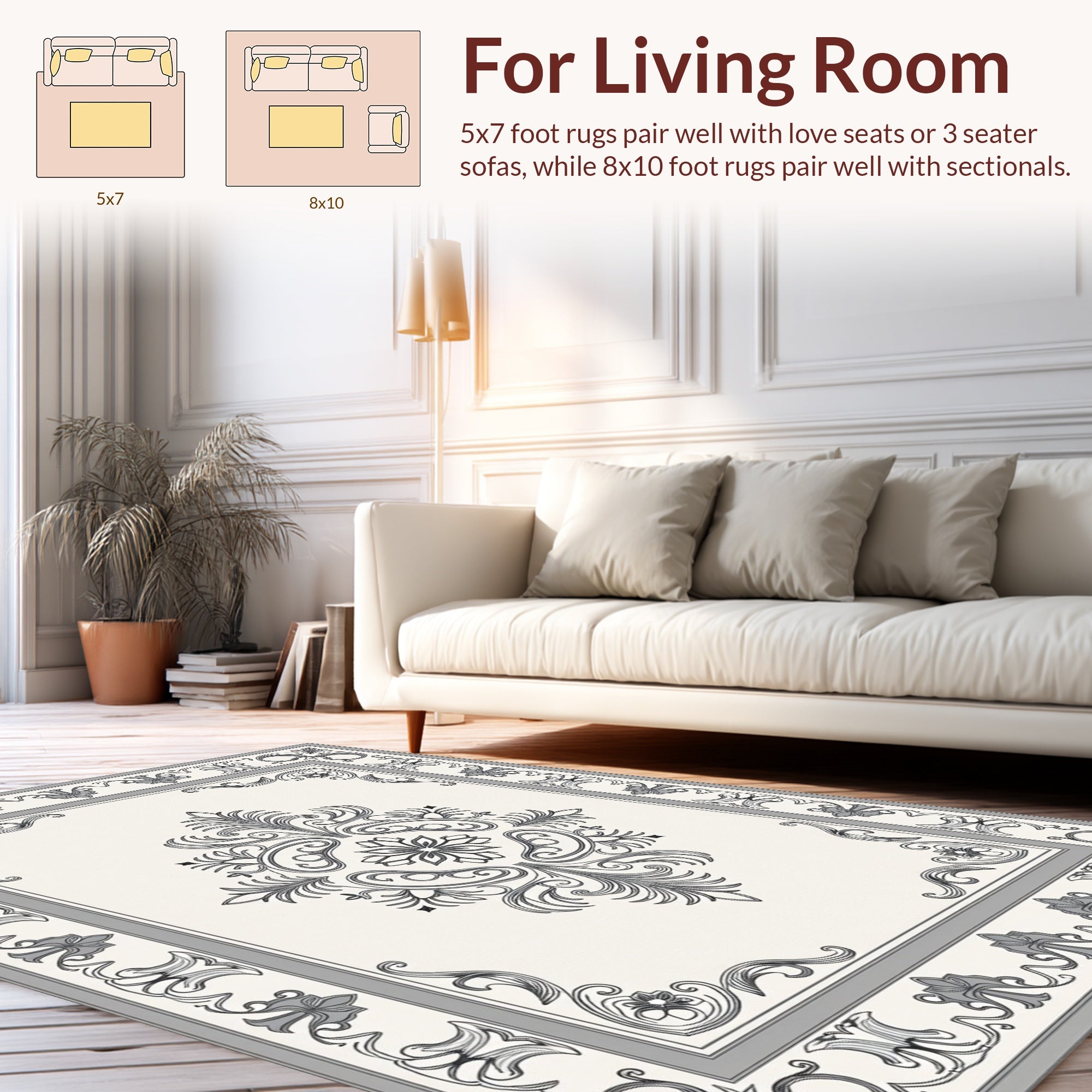 Ornate Floral Scrollwork Gray Rug