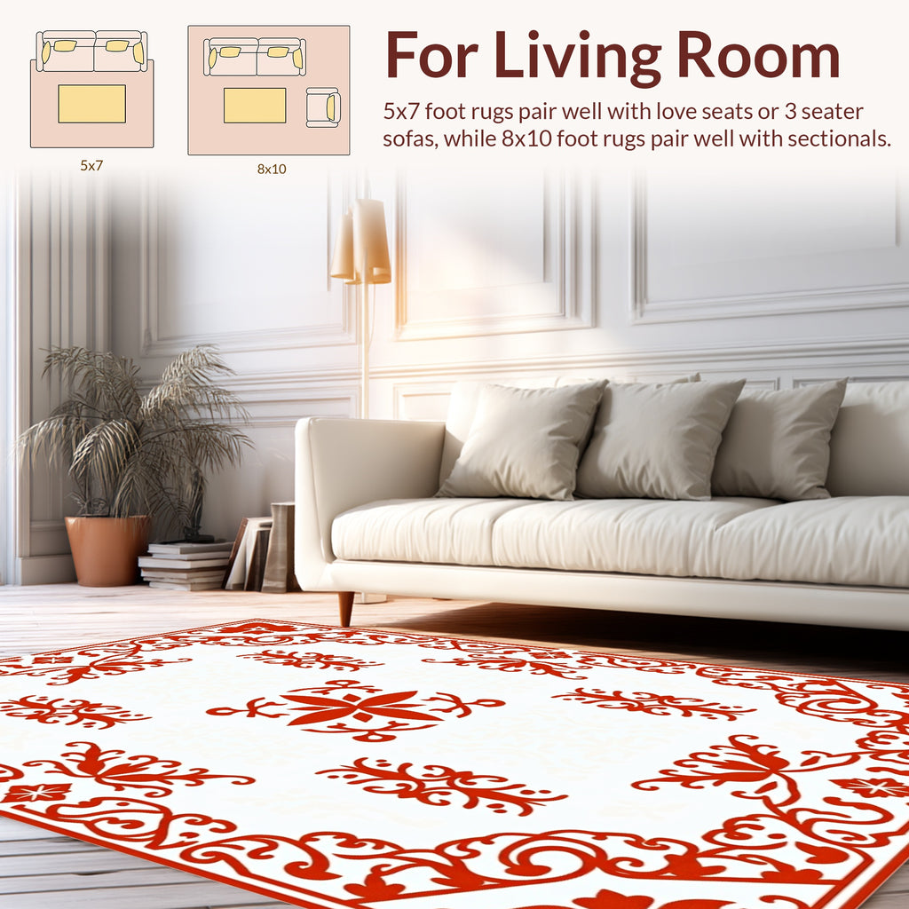Ornate Red Scrollwork Floral Pattern Rug