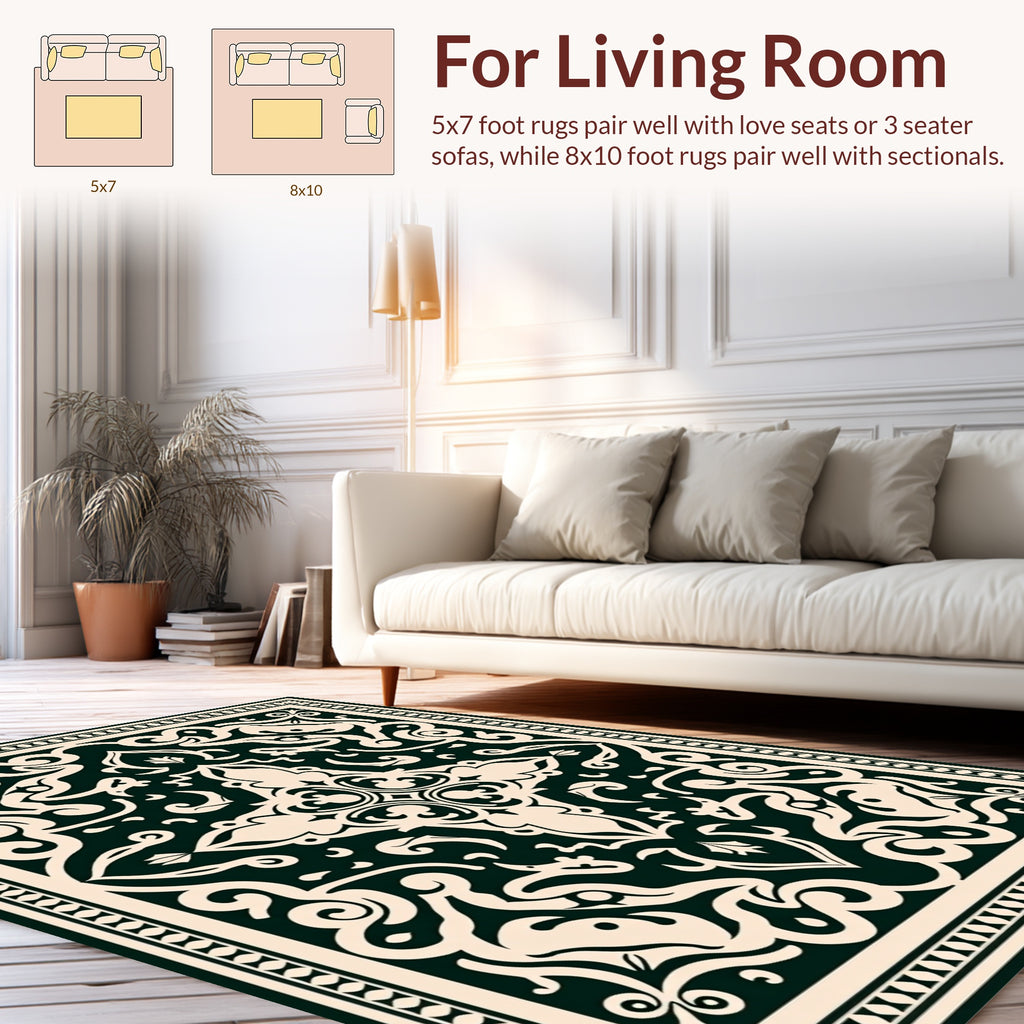 Dark Green Floral Scrollwork Traditional Rug