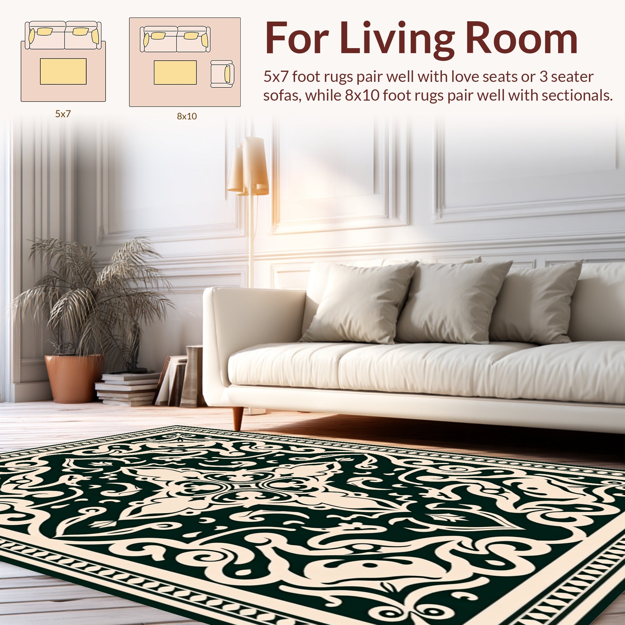 Dark Green Floral Scrollwork Traditional Rug