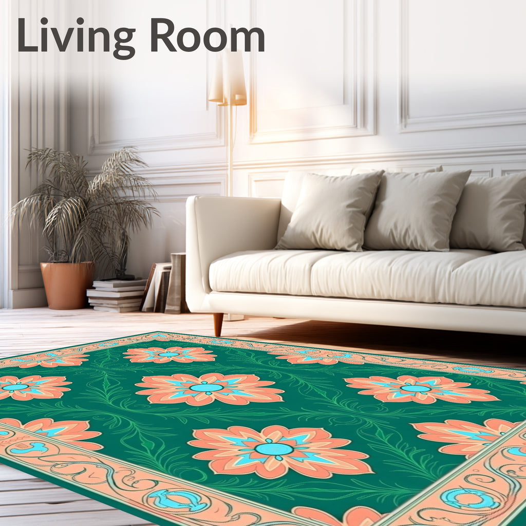 Elegant Floral Border Green Rug