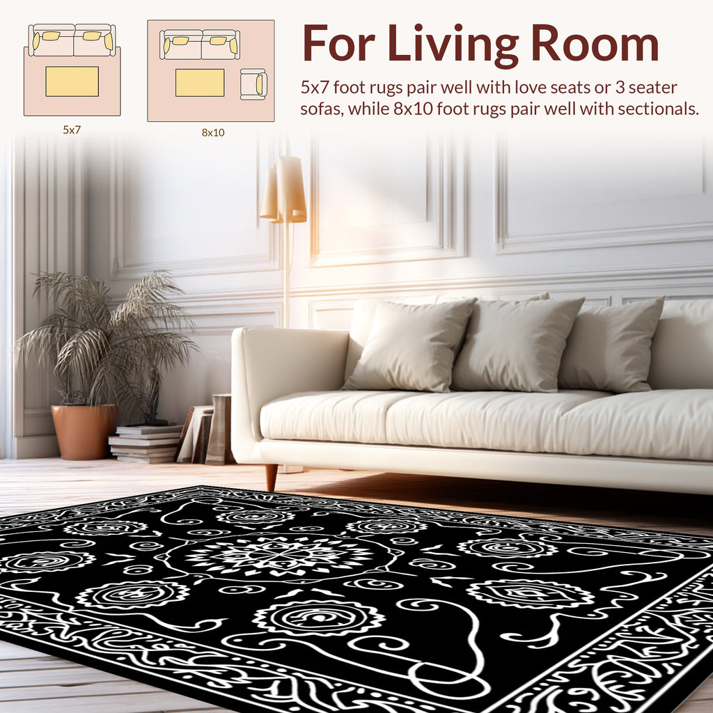 Black and White Intricate Floral Mandala Rug