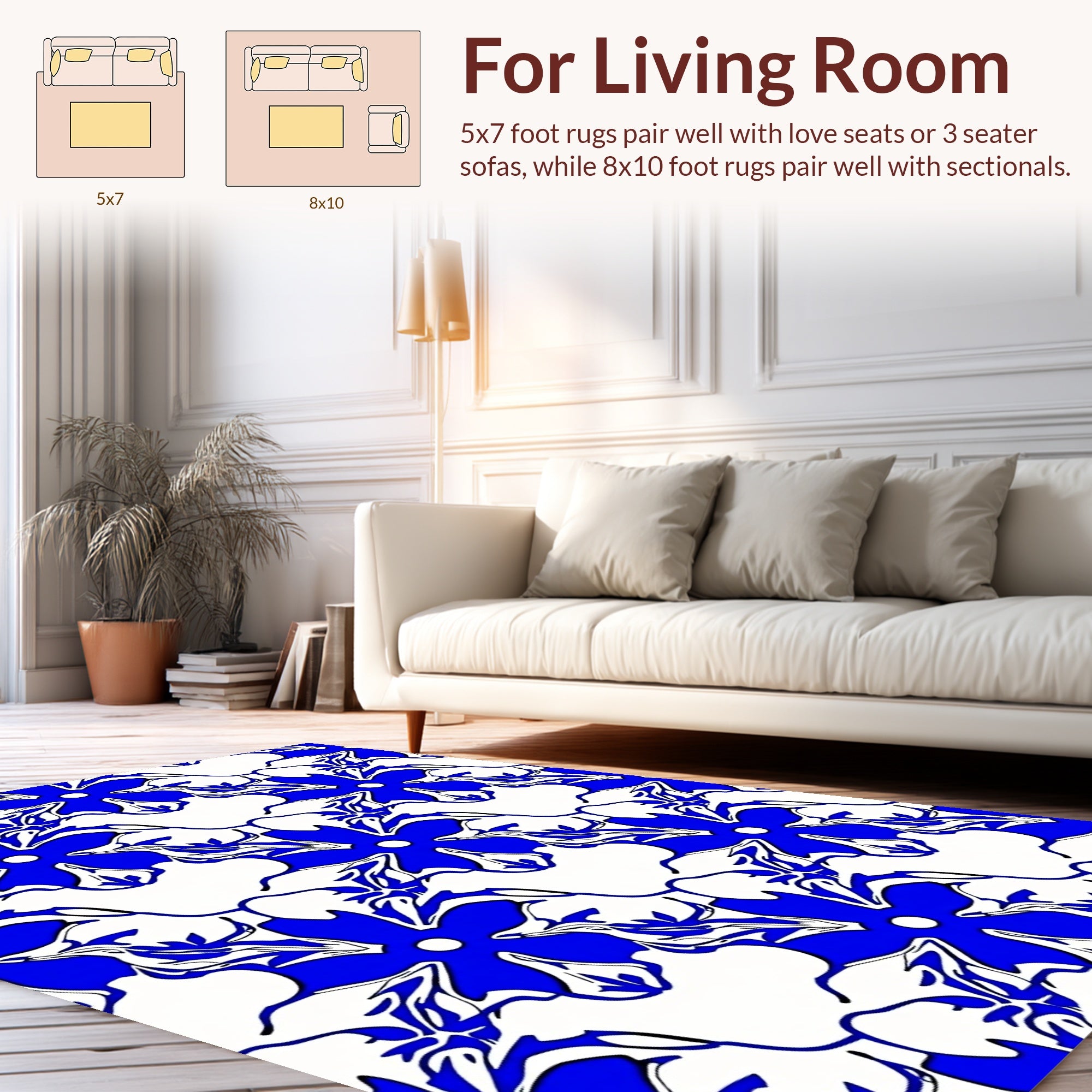 Bold Blue White Floral Pattern Rug