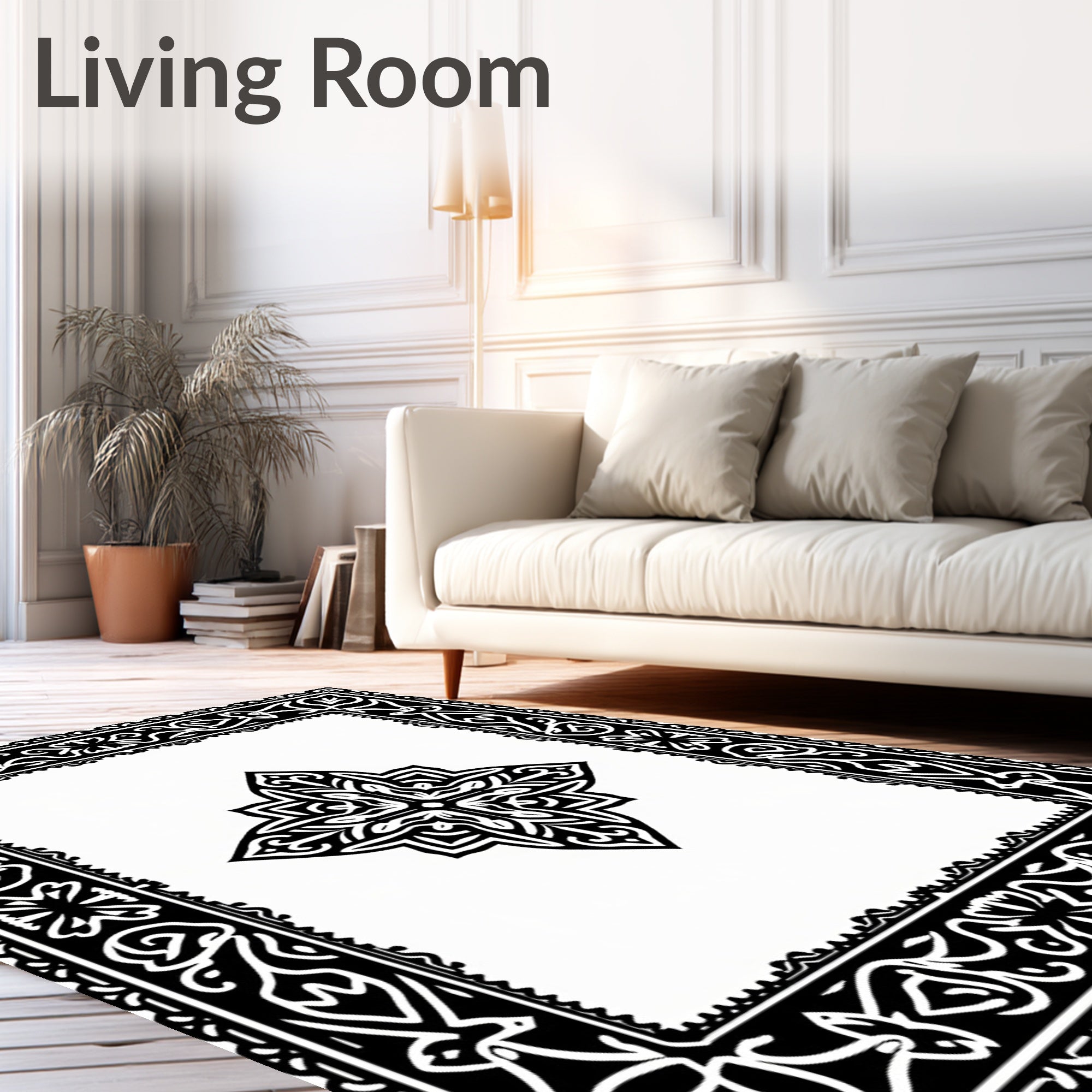 Classic Black White Floral Inlay Rug