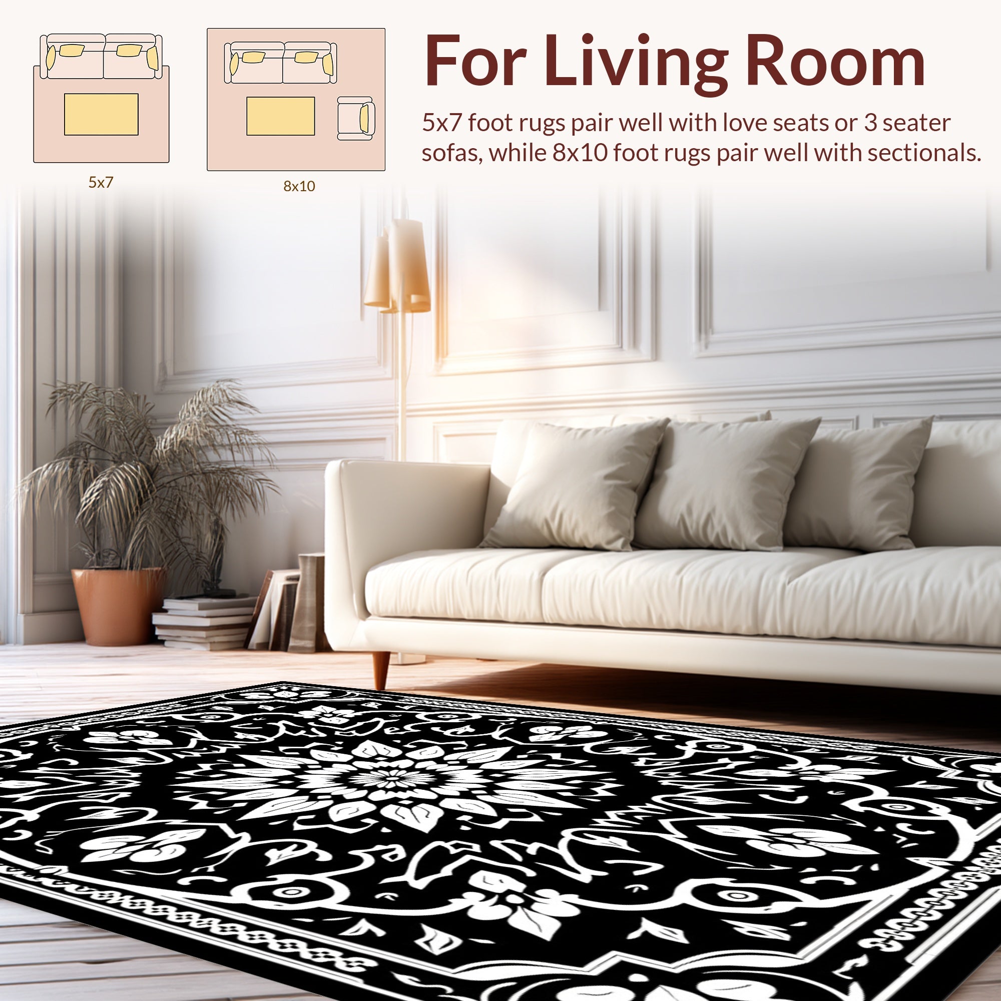Black White Intricate Mandala Floral Design Rug