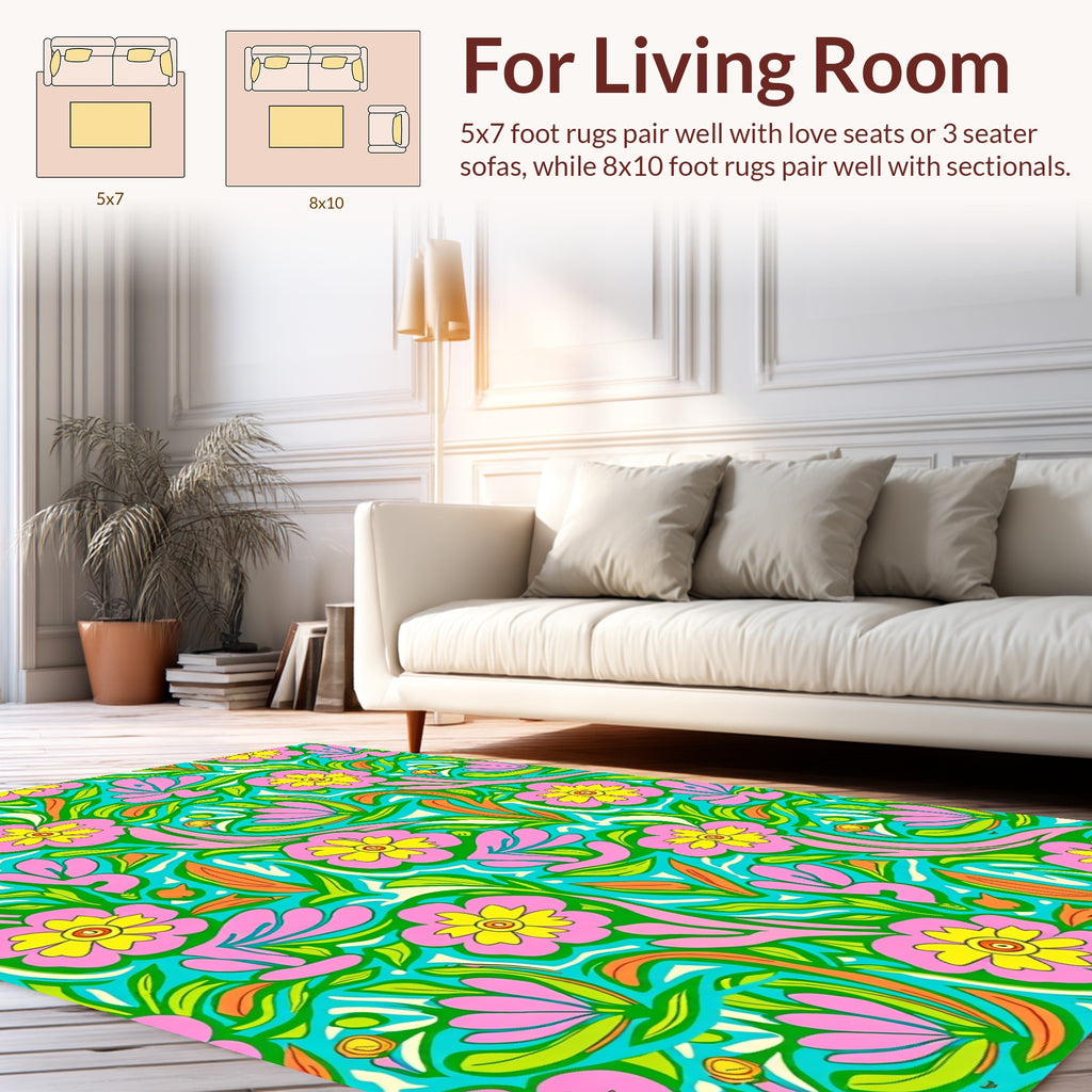 Vibrant Pink Yellow Floral Pattern Rug