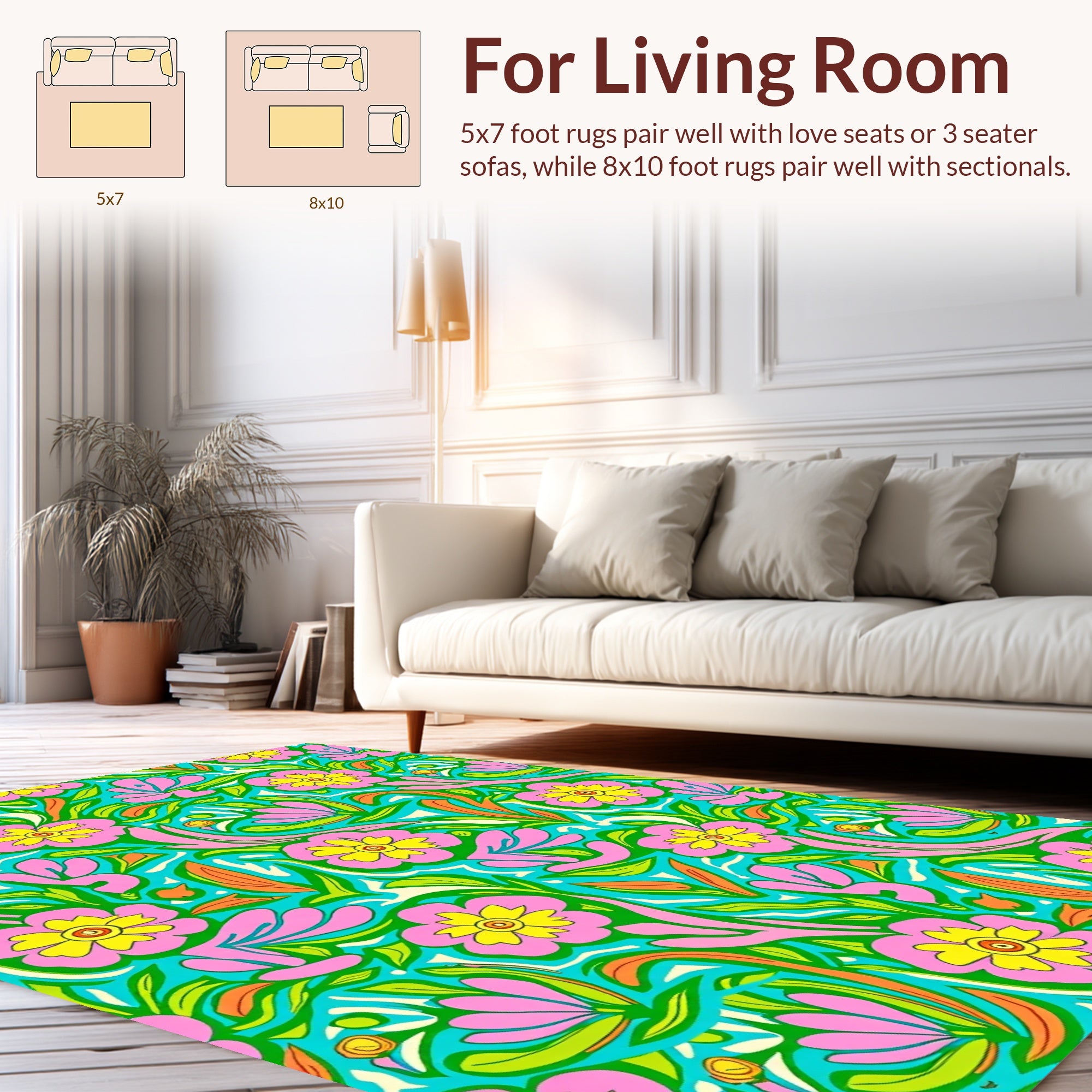 Vibrant Pink Yellow Floral Pattern Rug