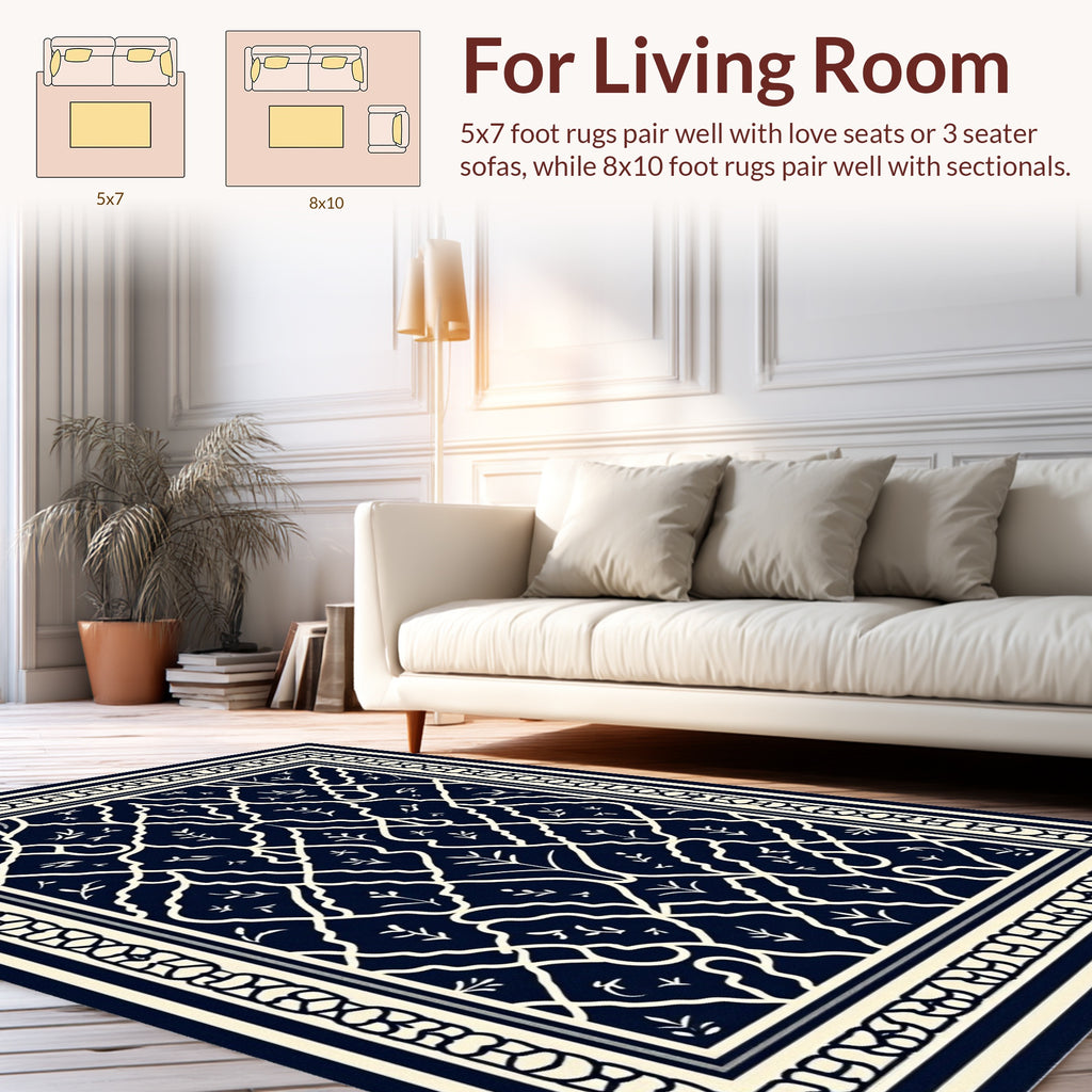 Elegant Navy Ivory Damask Pattern Rug
