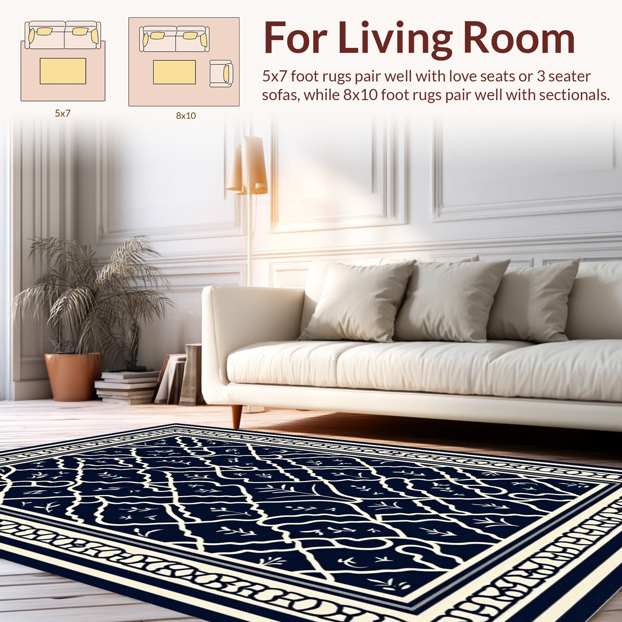 Elegant Navy Ivory Damask Pattern Rug
