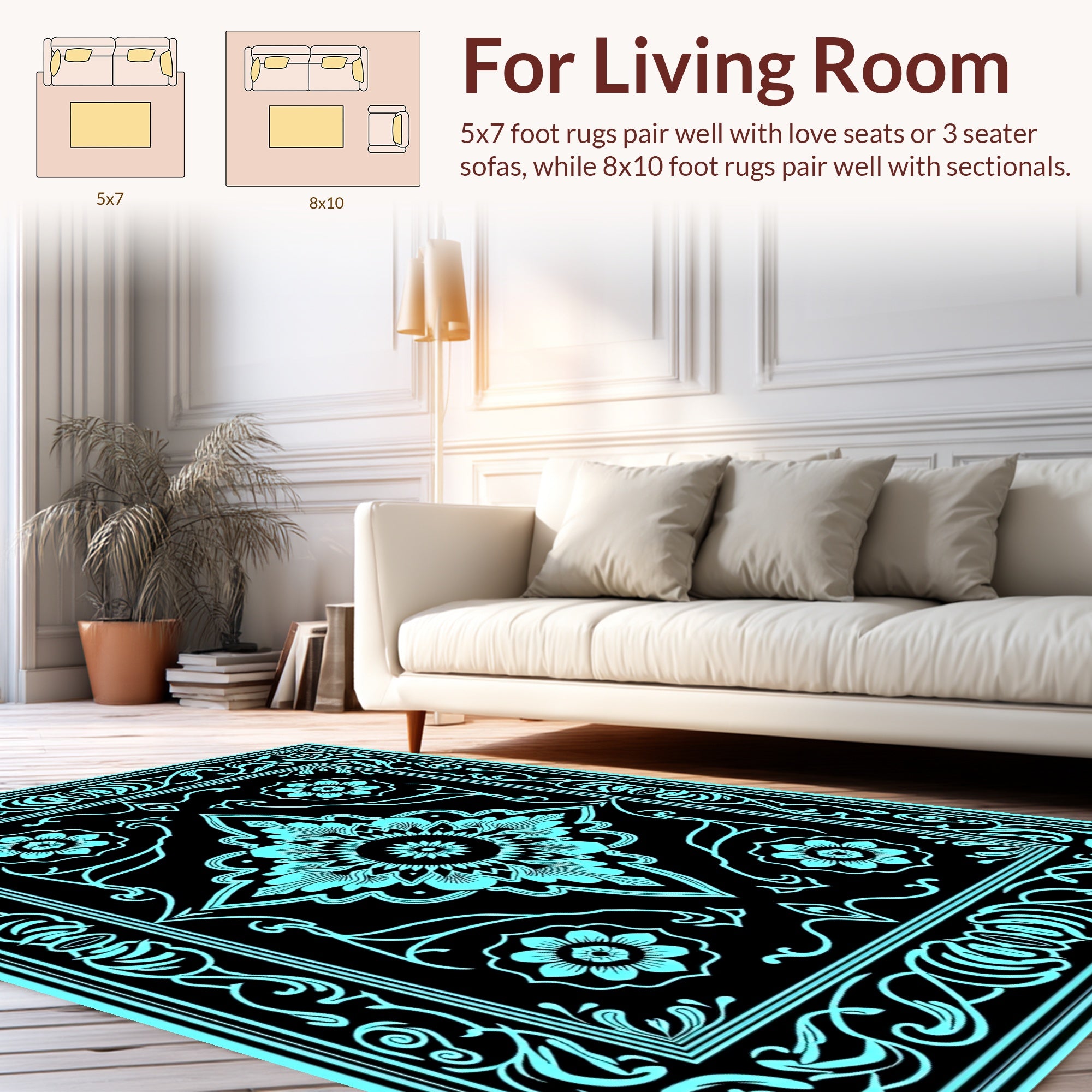 Ornate Floral Medallion Black Turquoise Rug
