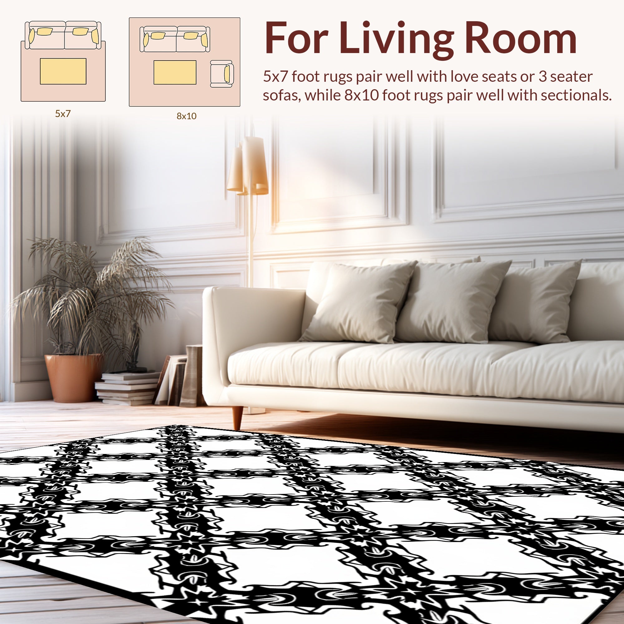 Ornate Black White Lattice Pattern Rug
