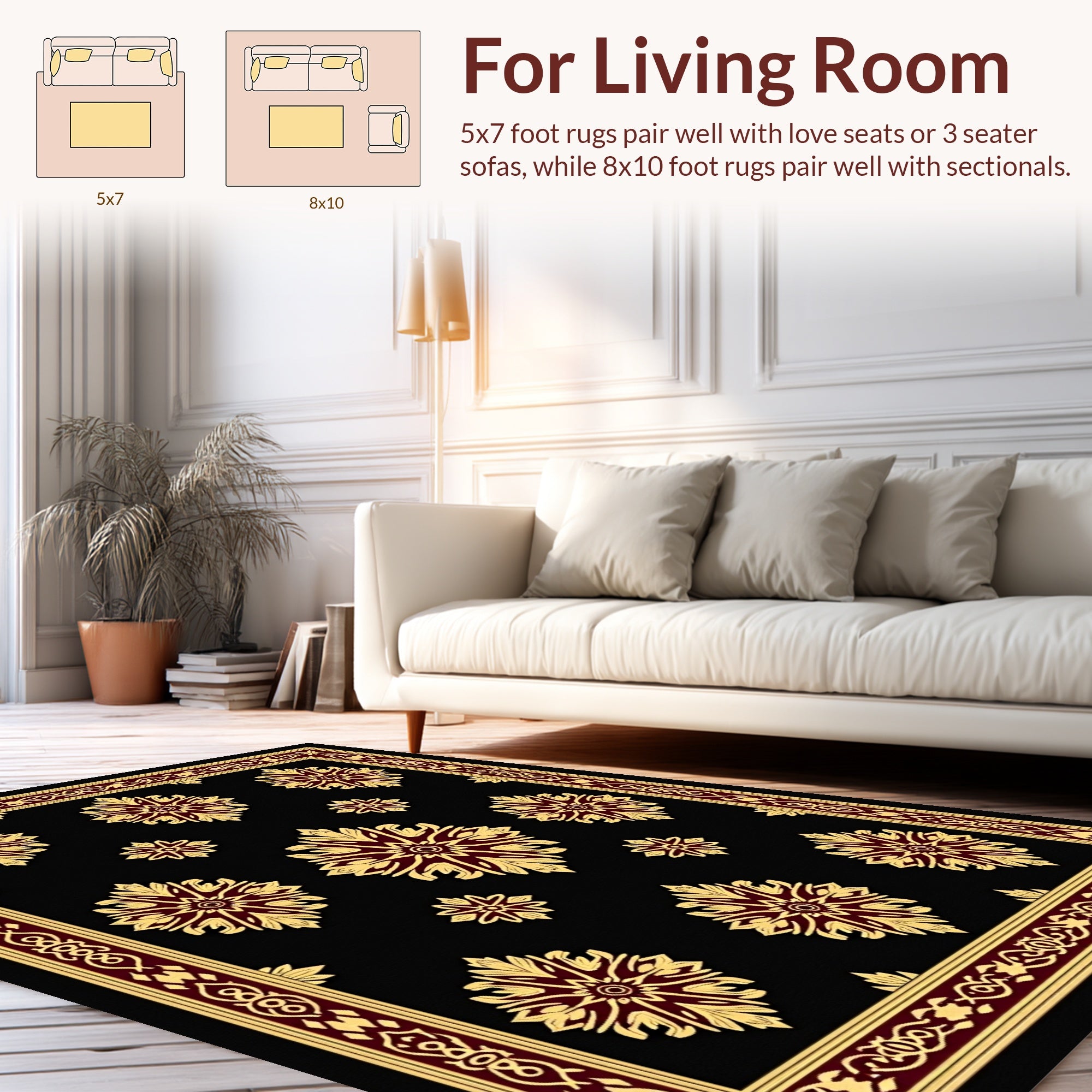 Ornate Gold Floral Patterned Rug